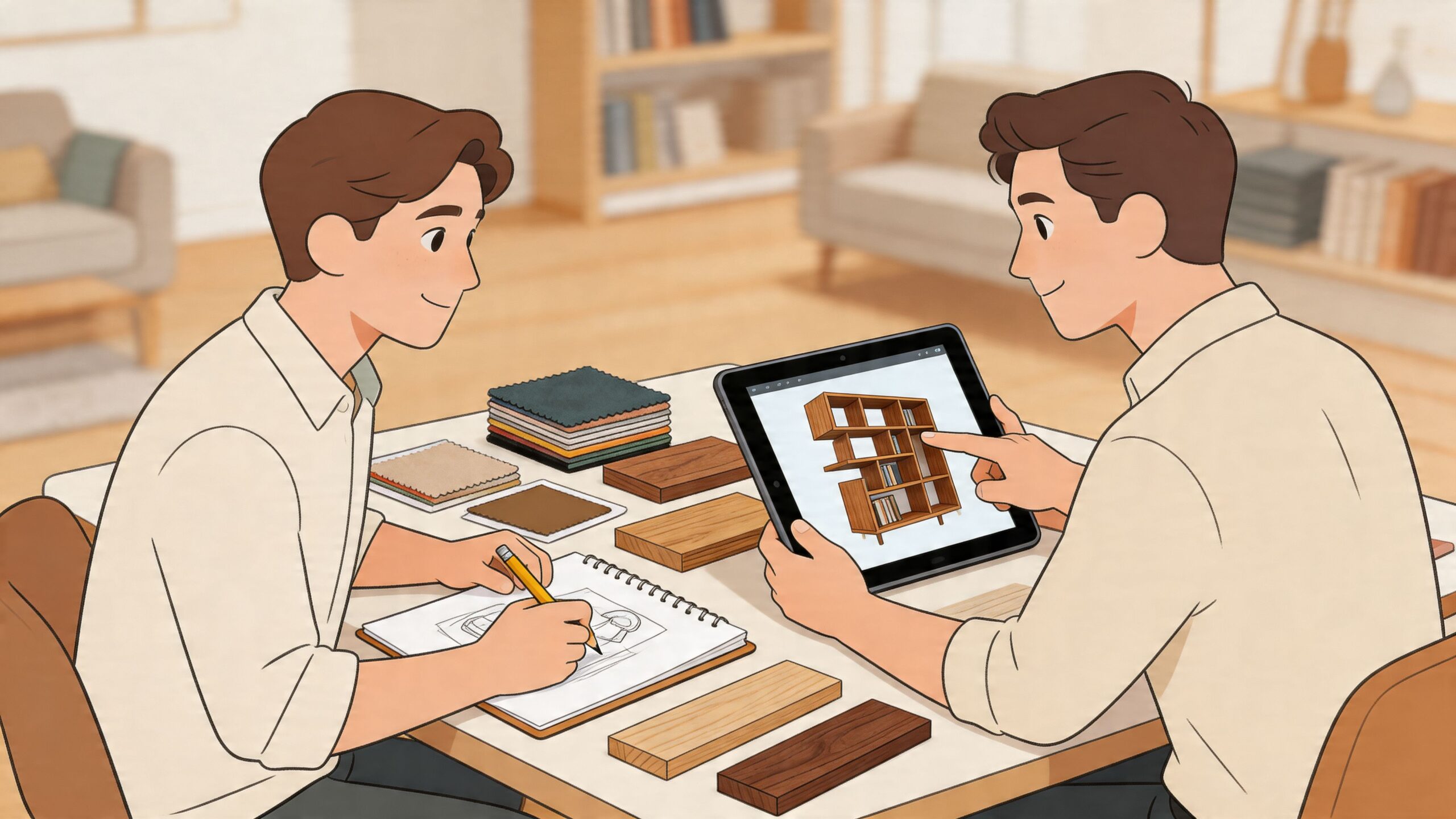 Two furniture designers collaborating on custom solid wood shelving projects while reviewing sketches and material samples.