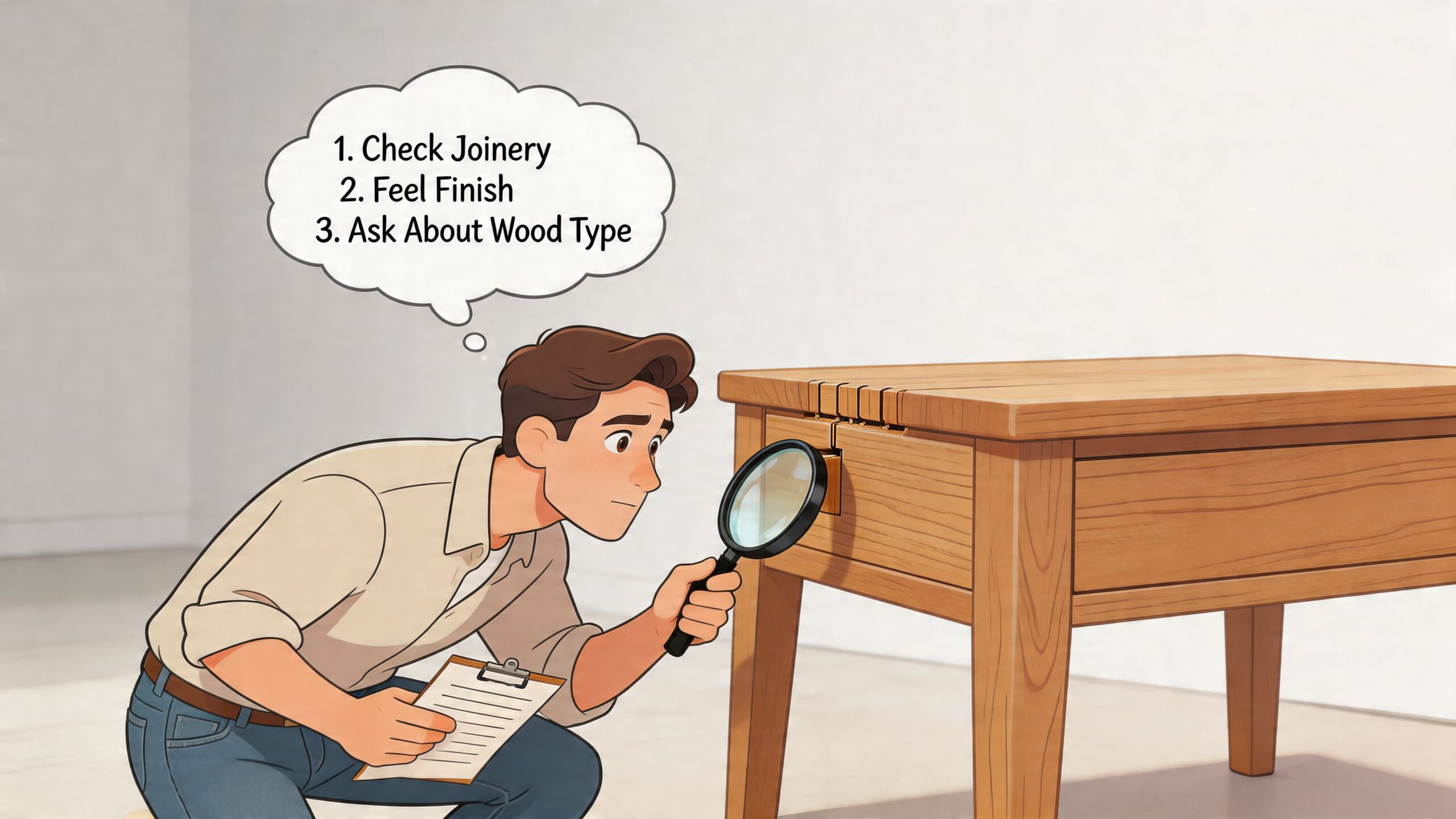 A person using a magnifying glass to inspect the joinery of a high-quality solid wood table.