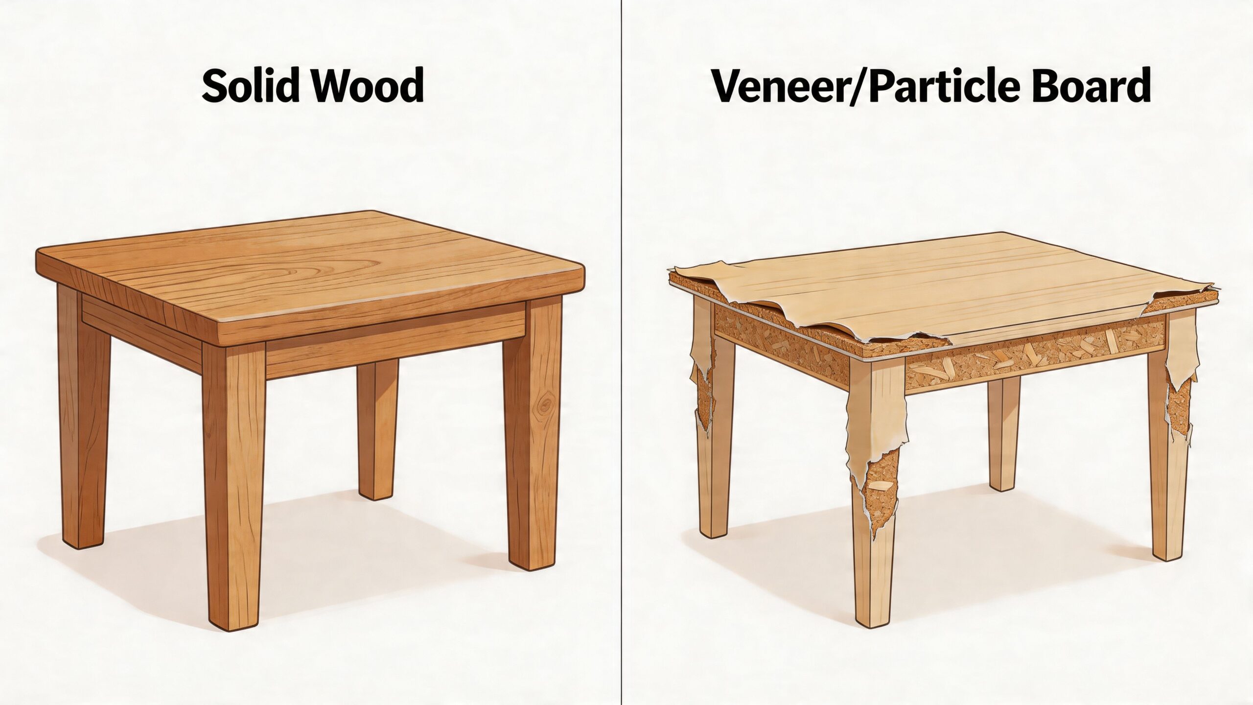A comparison showing a sturdy solid wood table next to a damaged veneer and particle board table.