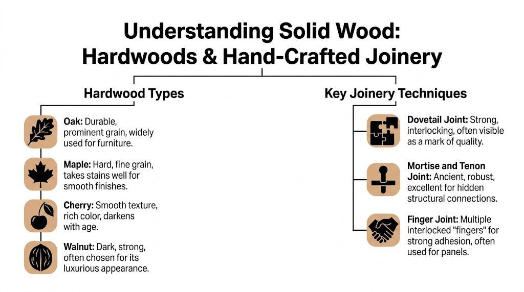 An infographic titled Understanding Solid Wood showing lists of common hardwood types and traditional furniture joinery techniques.
