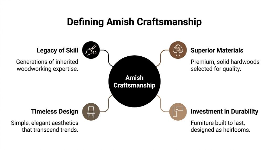 A diagram defining Amish craftsmanship through legacy, superior materials, timeless design, and durability in furniture making.