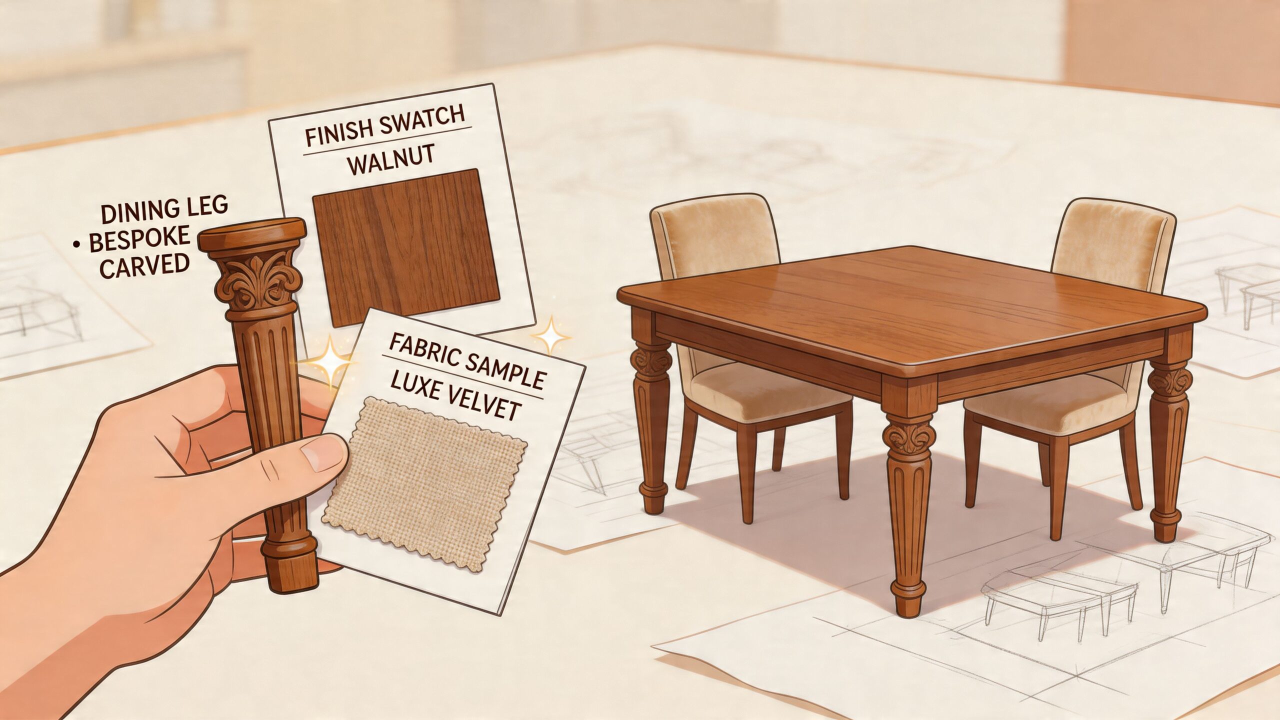 A hand holding a carved wooden table leg and fabric samples next to a custom dining set.