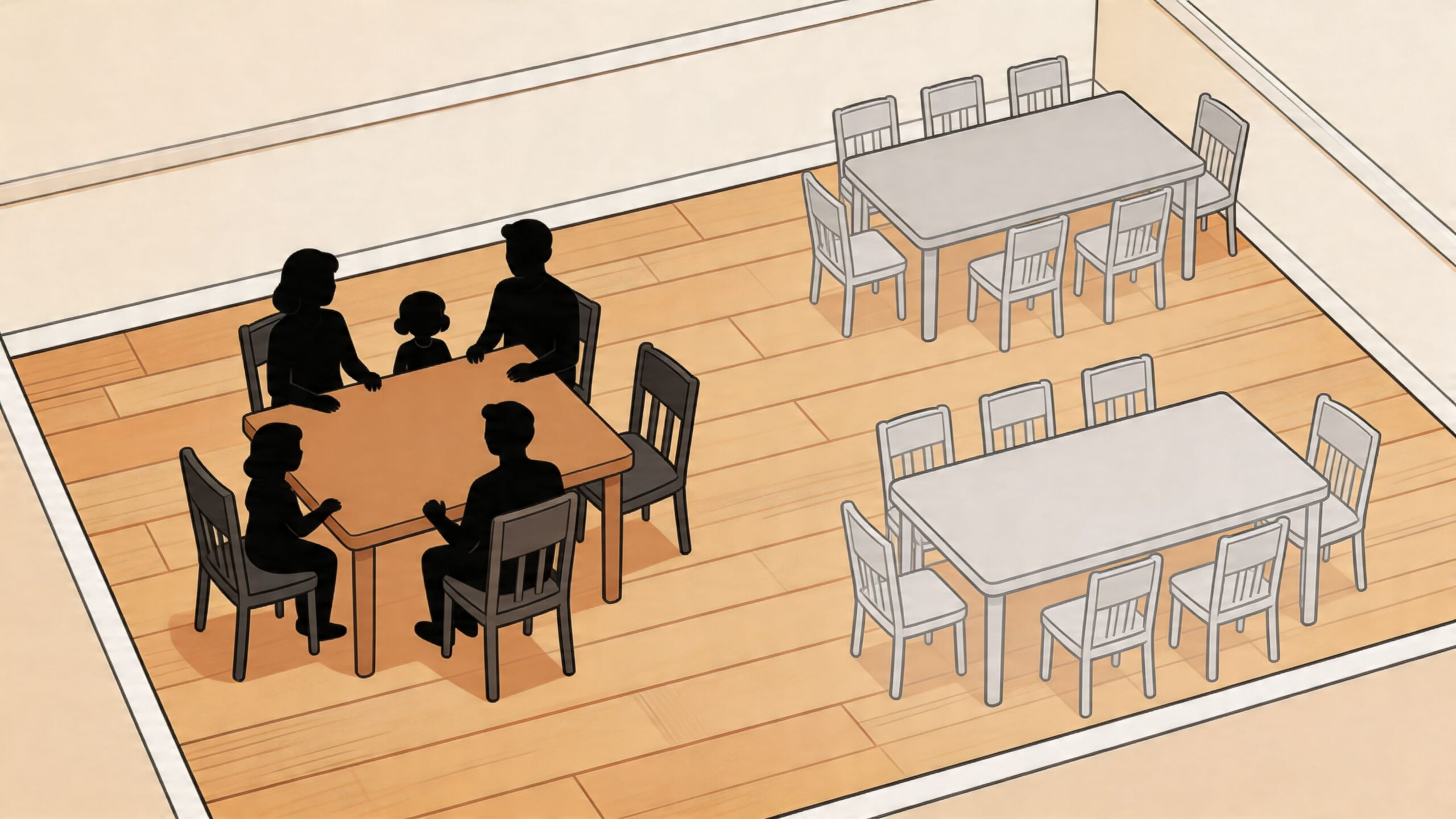A minimalist illustration shows two dining tables with empty chairs and one table occupied by a family.