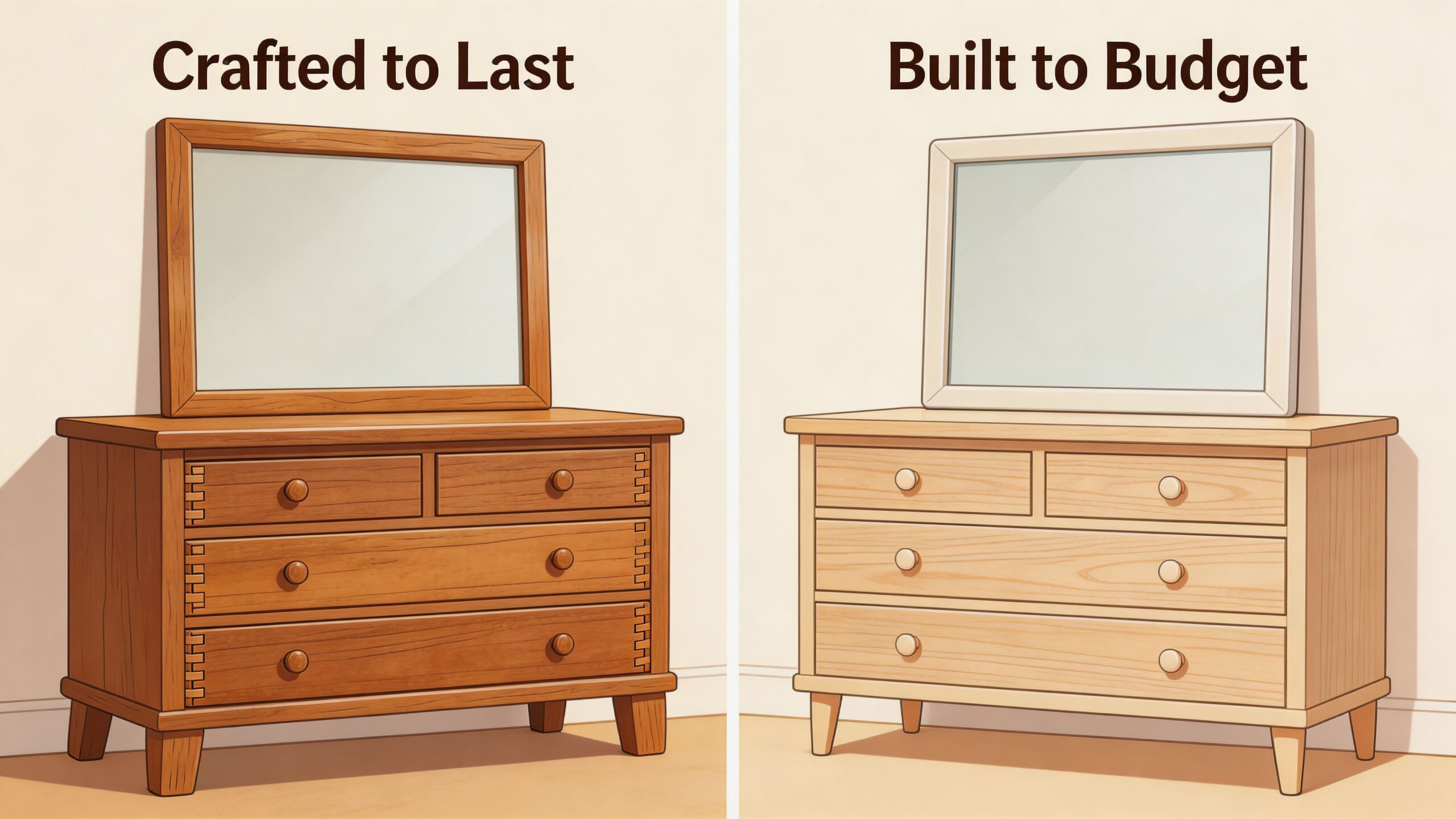 A comparison between a high-quality wooden dresser and a cheaper budget-friendly dresser with matching mirrors.
