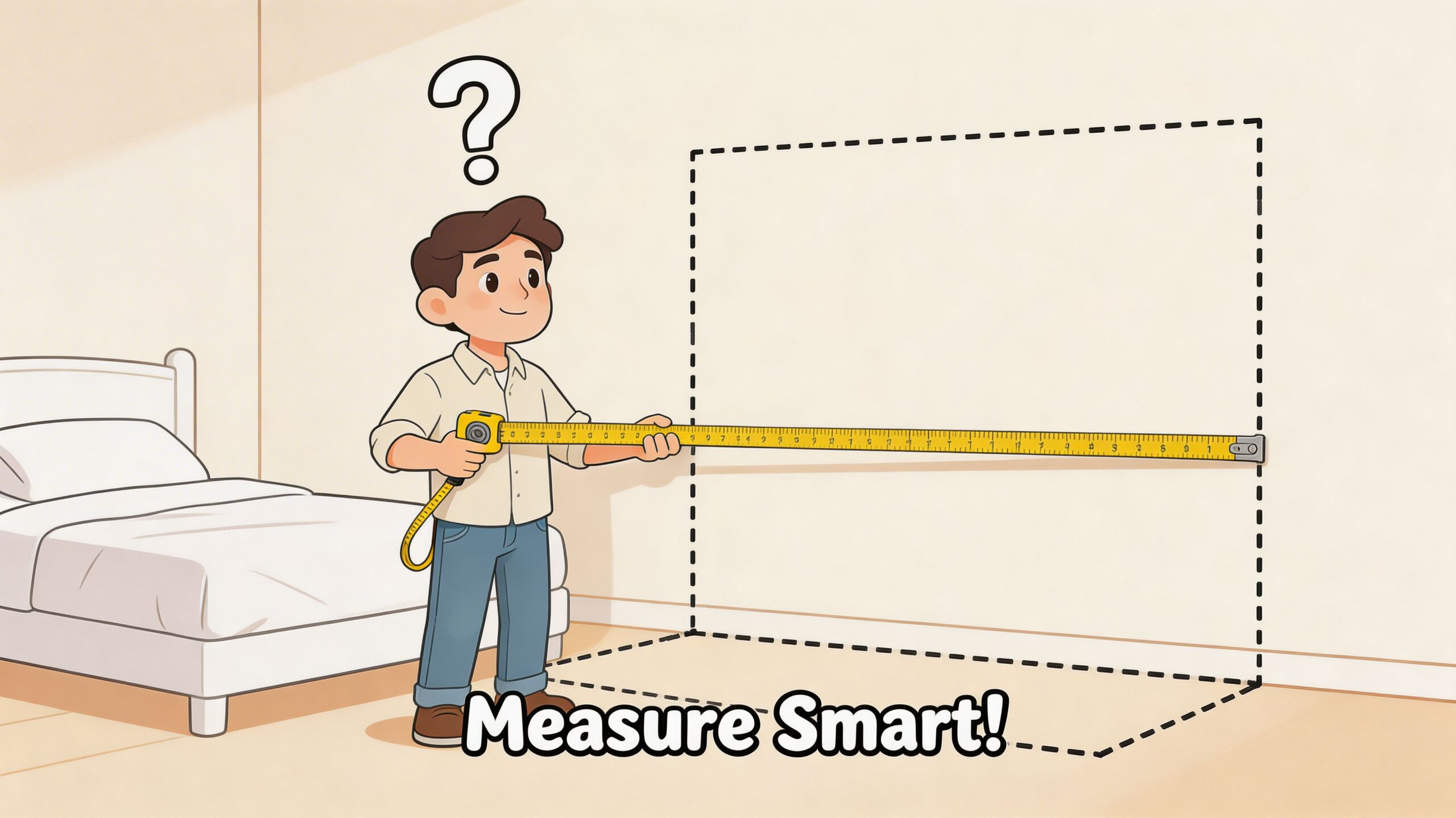 A young man holding a tape measure, contemplating the dimensions for furniture placement in a bedroom.