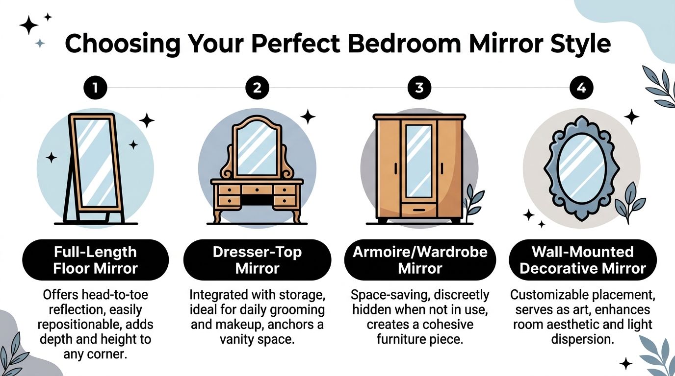 An infographic illustrating four types of bedroom mirrors including floor, dresser, wardrobe, and wall-mounted options.