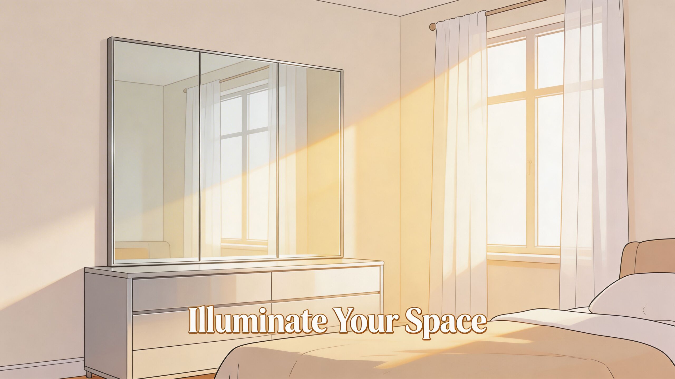 A cozy bedroom with a minimalist dresser featuring a large three-panel mirror illuminated by warm golden sunlight.