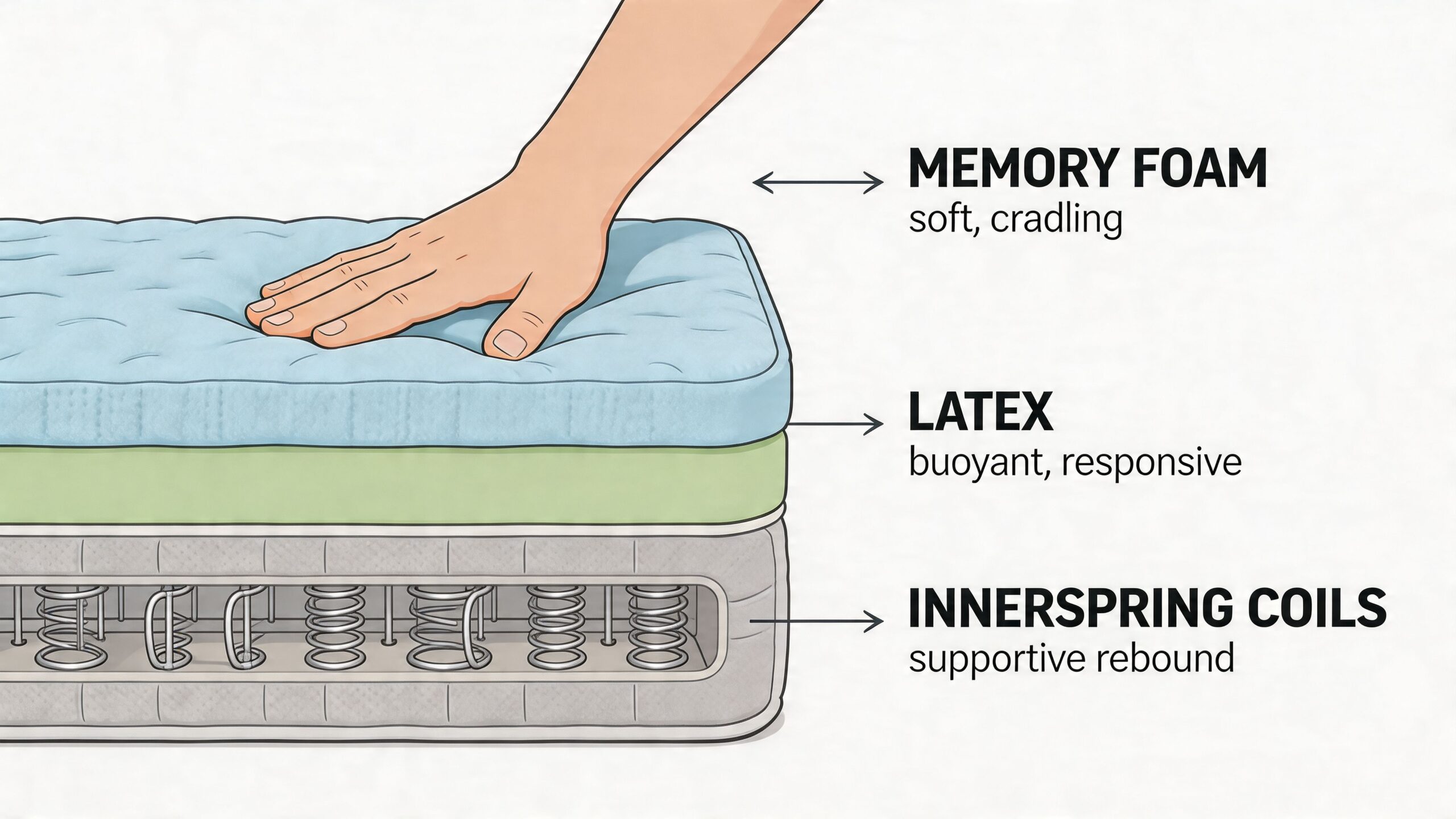 A diagram showing the three material layers of a hybrid mattress including memory foam, latex, and coils.