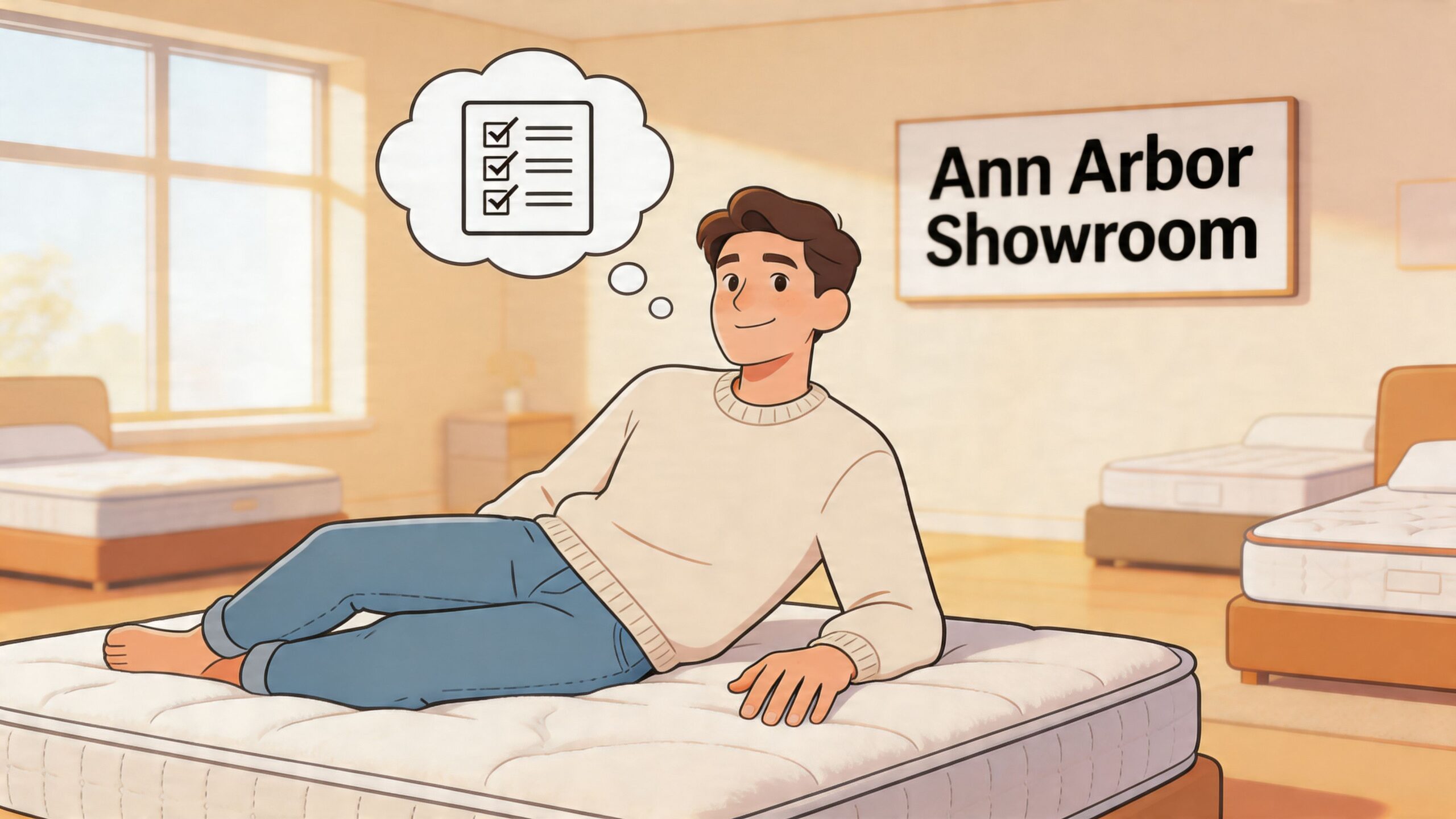 A man lying on a mattress in a showroom, thinking about a checklist for choosing the right bed.