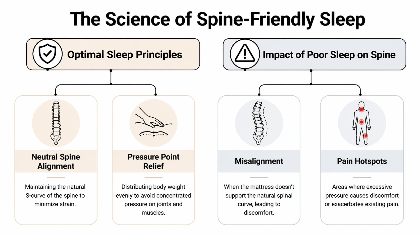 An infographic illustrating the science of spine-friendly sleep, covering optimal sleep principles versus the impact of poor sleep.