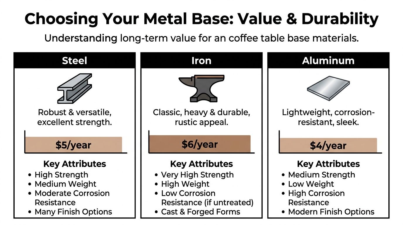 A comparison chart showing long-term value, durability, and key attributes of steel, iron, and aluminum coffee table bases.
