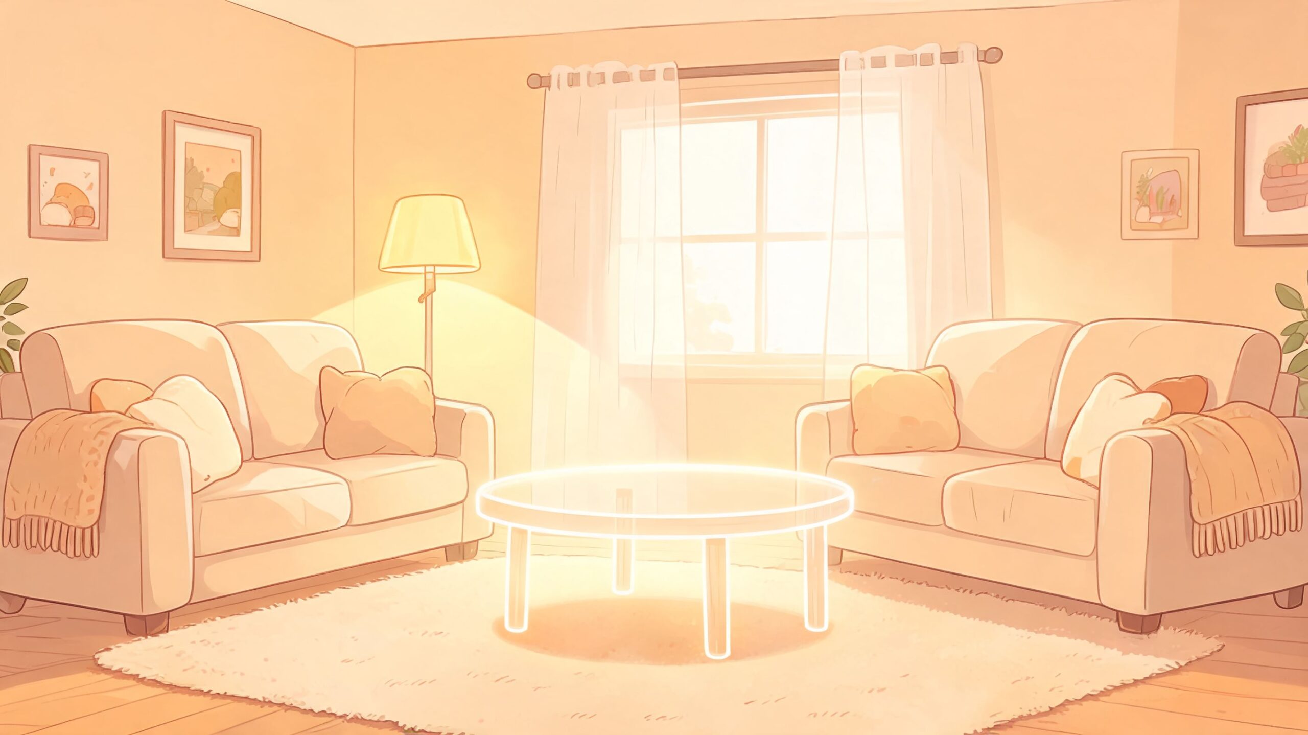 A cozy, sunlit living room featuring two beige sofas, a round wooden coffee table, and soft rugs.