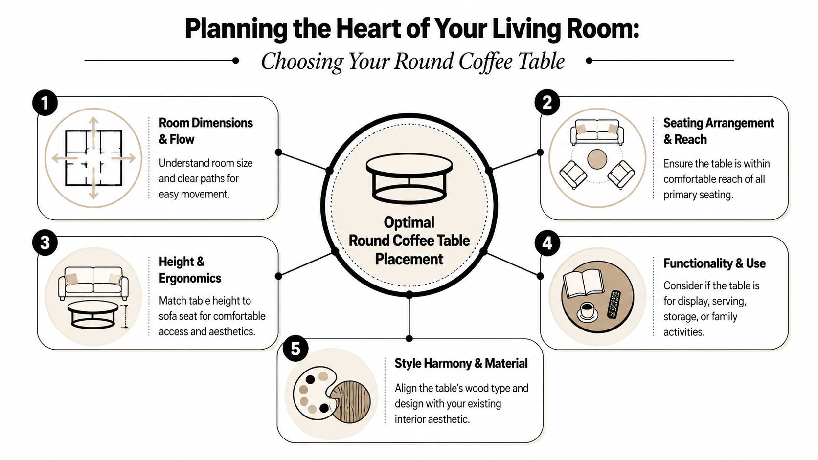 An infographic showing five key steps for choosing and placing a round coffee table in a living room.