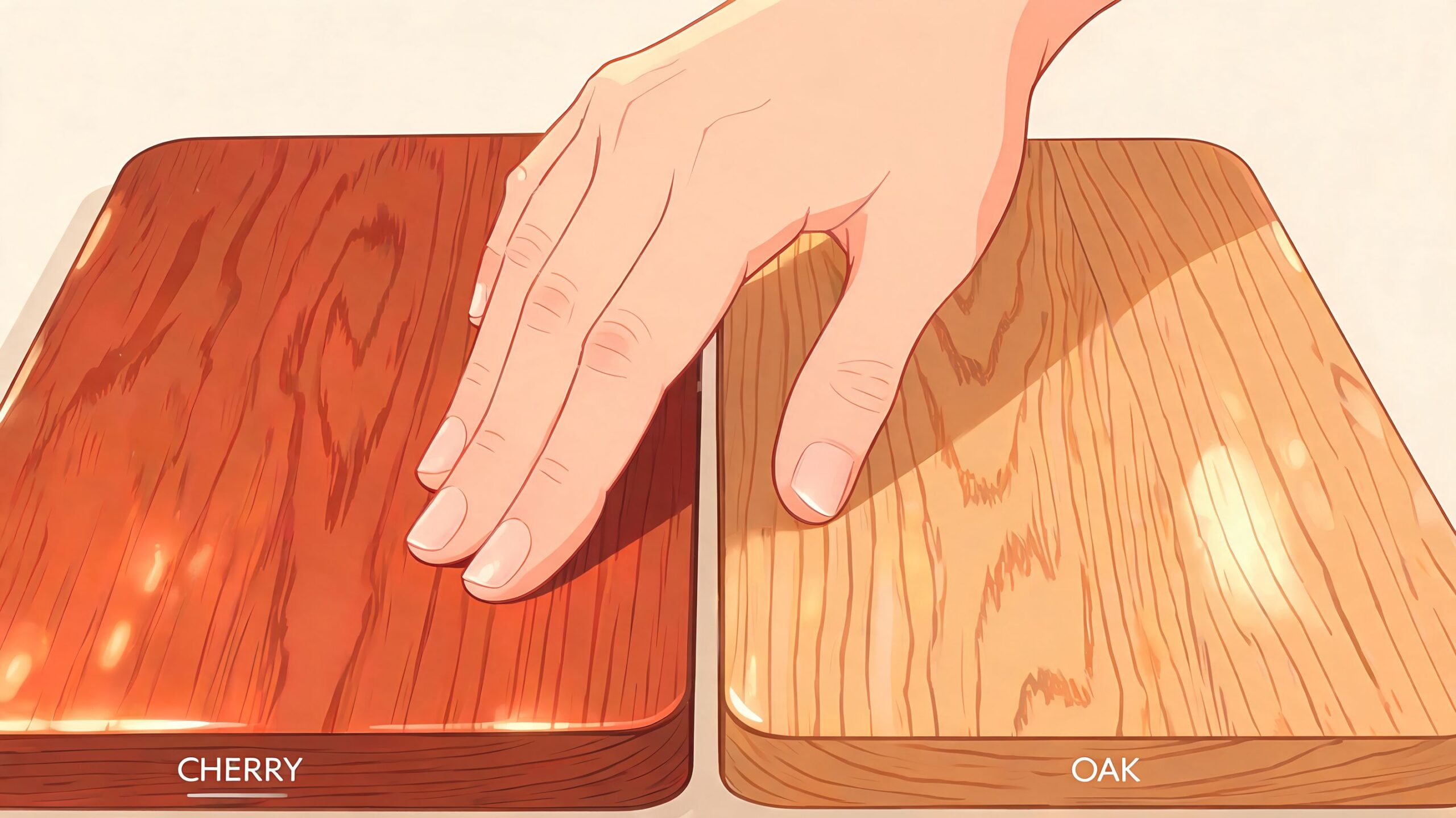 A hand touches two pieces of polished wood samples, labeled as cherry wood and oak wood planks.