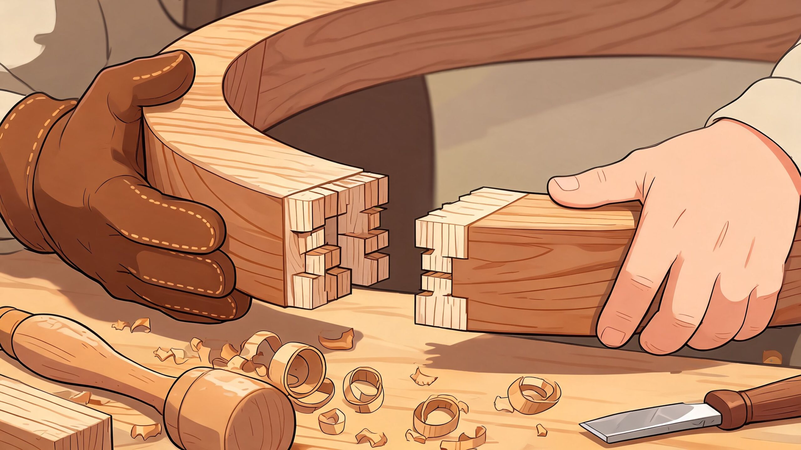 A close-up view of a woodworker joining two curved pieces of wood with dovetail joints.
