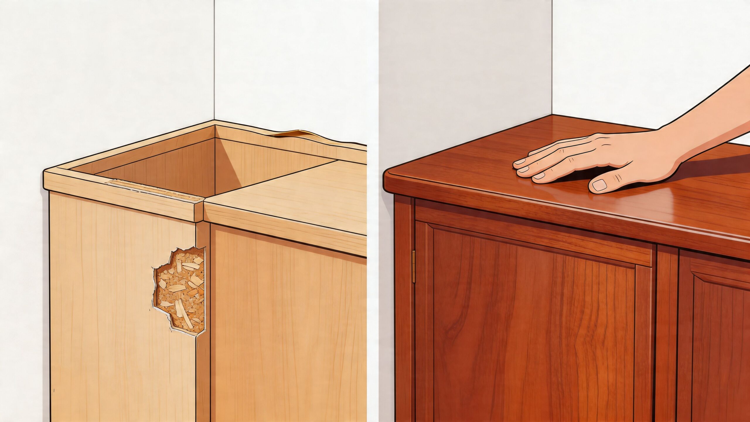 A split view comparison of a damaged wooden cabinet corner and a restored polished mahogany cabinet.