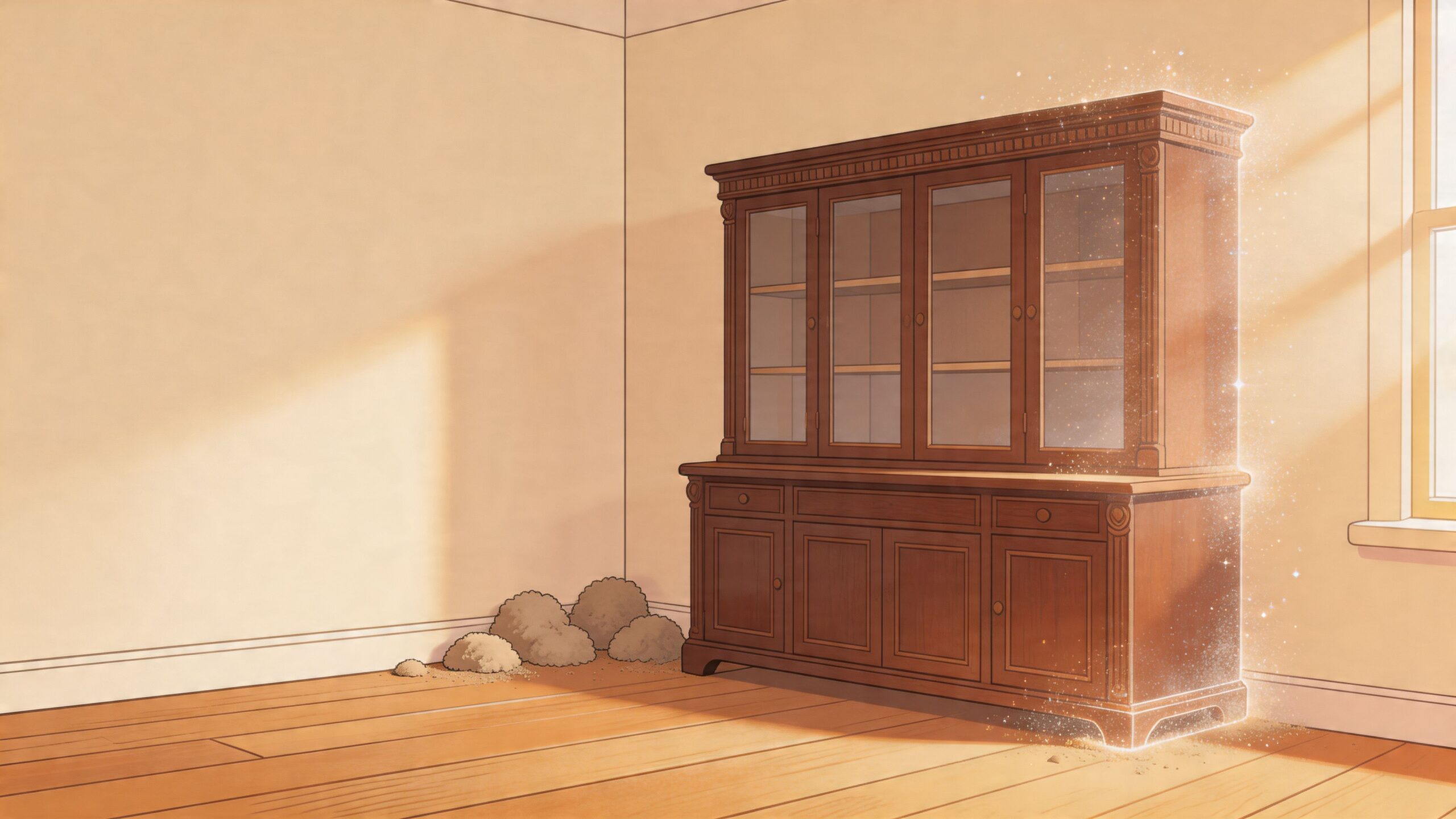 A wooden cabinet in a sunny room with mysterious dust clouds forming near its base.