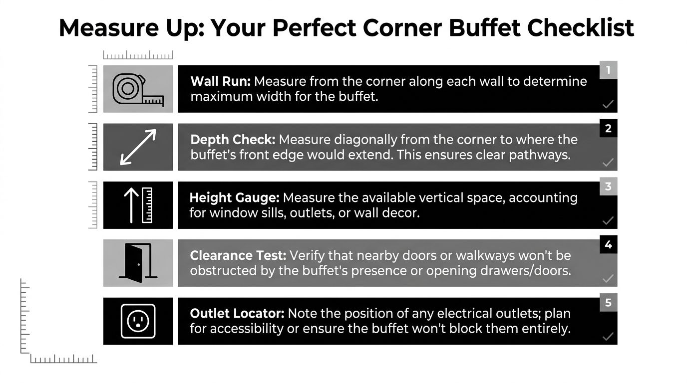 A checklist infographic titled Measure Up displaying five key steps for measuring a space for a corner buffet.