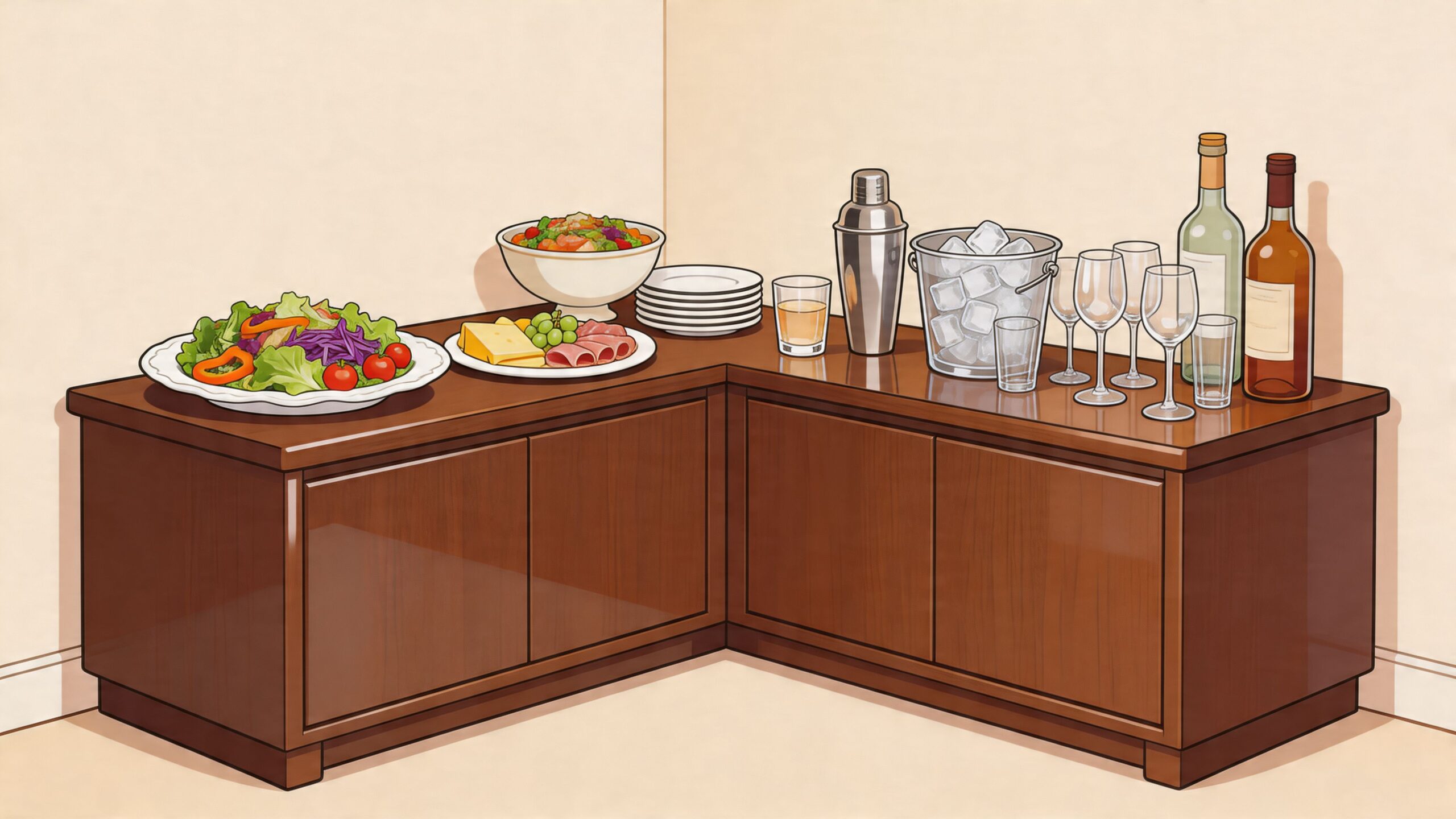 An L-shaped wooden buffet cabinet in a corner, featuring a salad, cheese plate, ice bucket, and drinks.