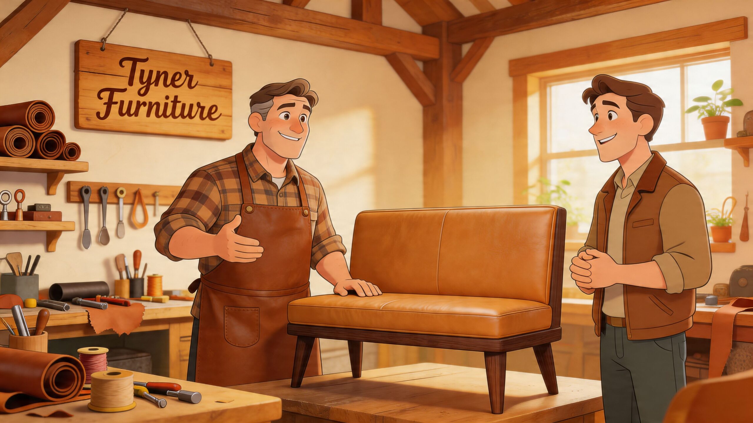 A professional carpenter in an apron presenting a custom-made brown leather dining bench to a customer.