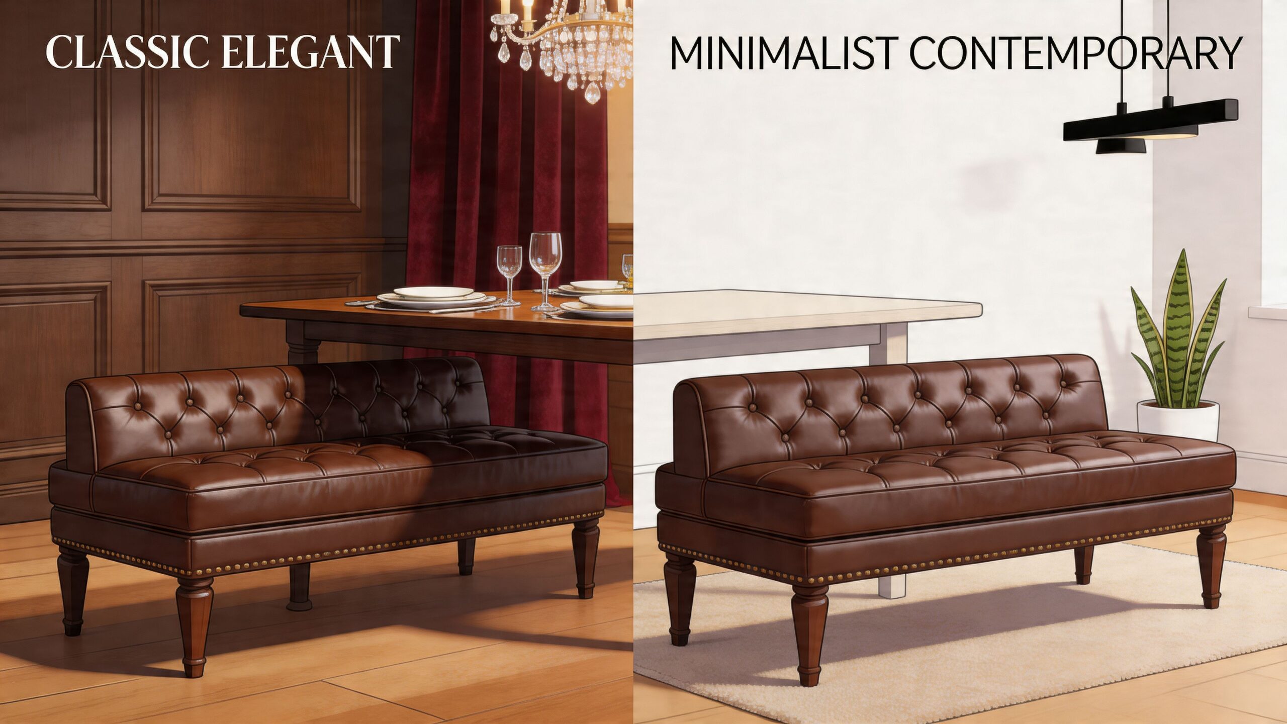 A split image showing a tufted brown leather dining bench in classic and minimalist contemporary interior settings.