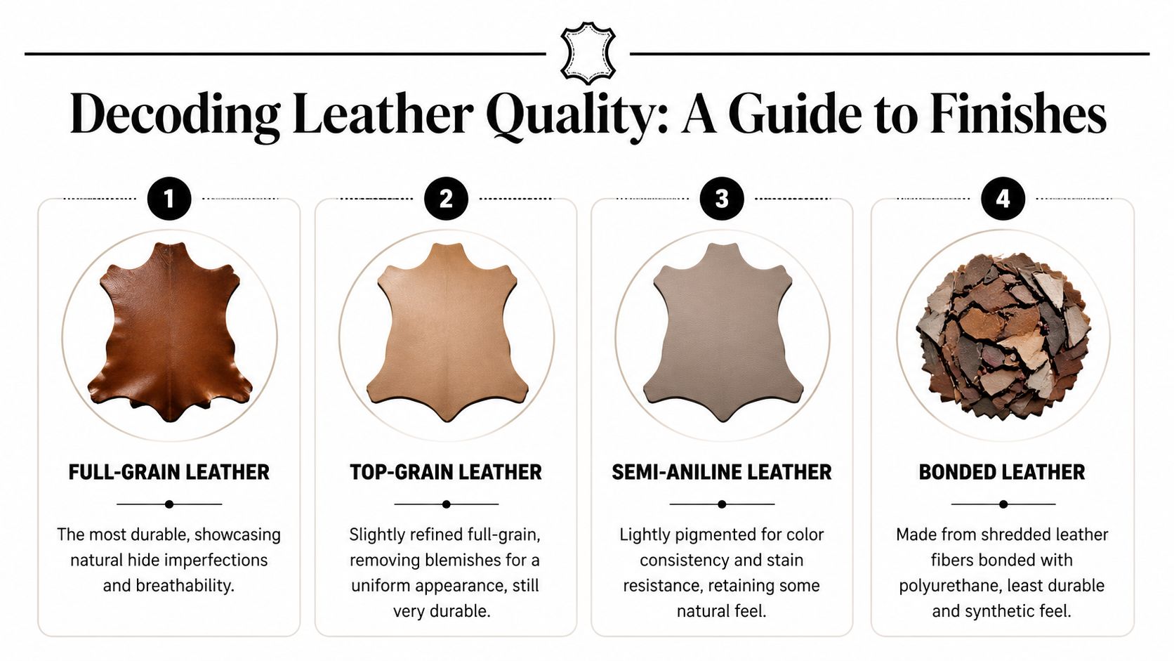 An educational chart explaining the four main types of leather quality from full-grain to bonded leather.