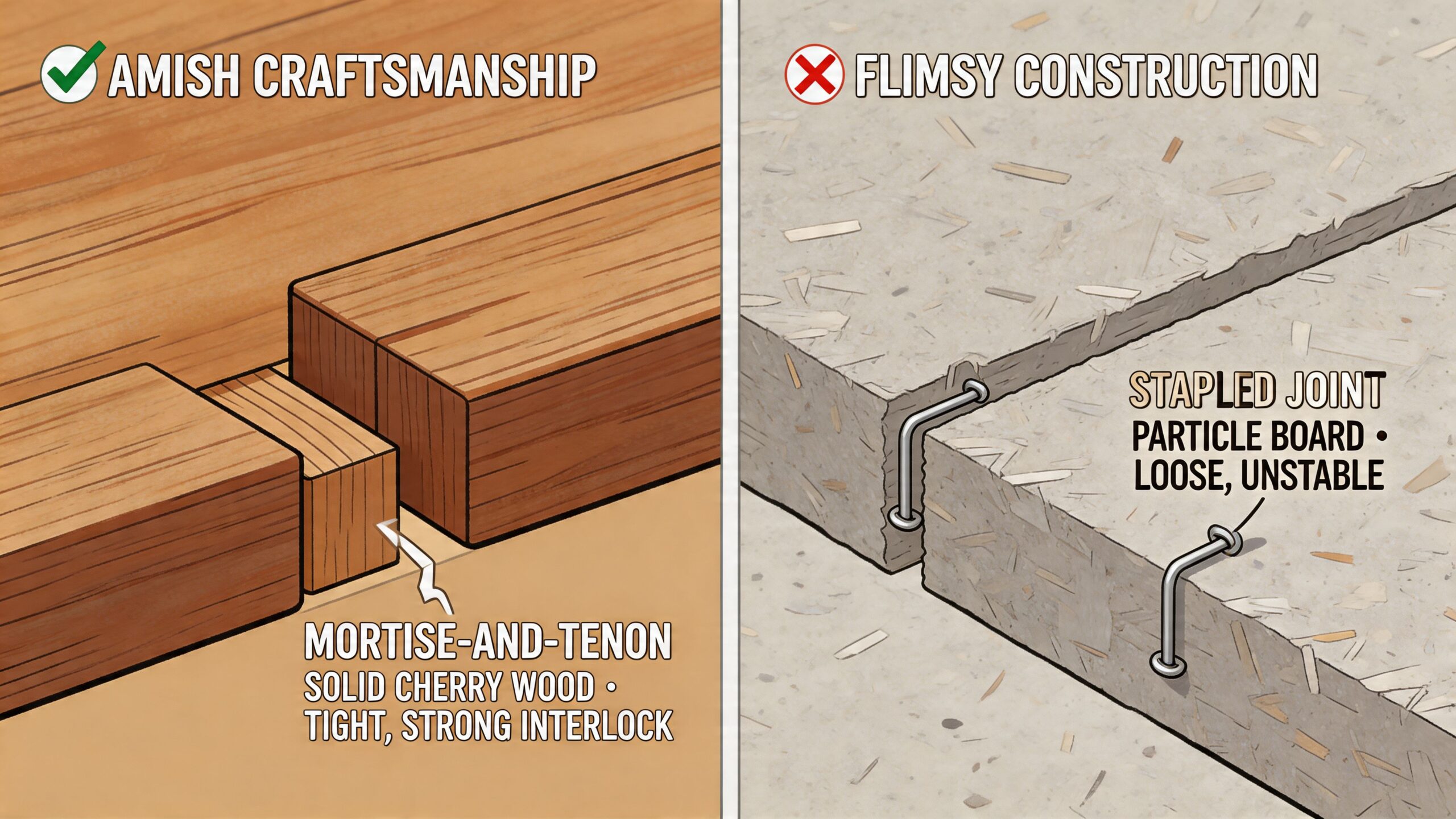 A comparison illustration showing high-quality mortise-and-tenon cherry wood joinery versus low-quality stapled particle board construction.