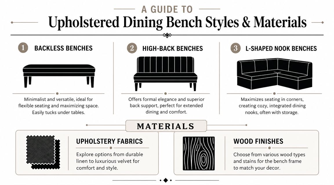 An infographic titled A Guide to Upholstered Dining Bench Styles and Materials showcasing various bench options.