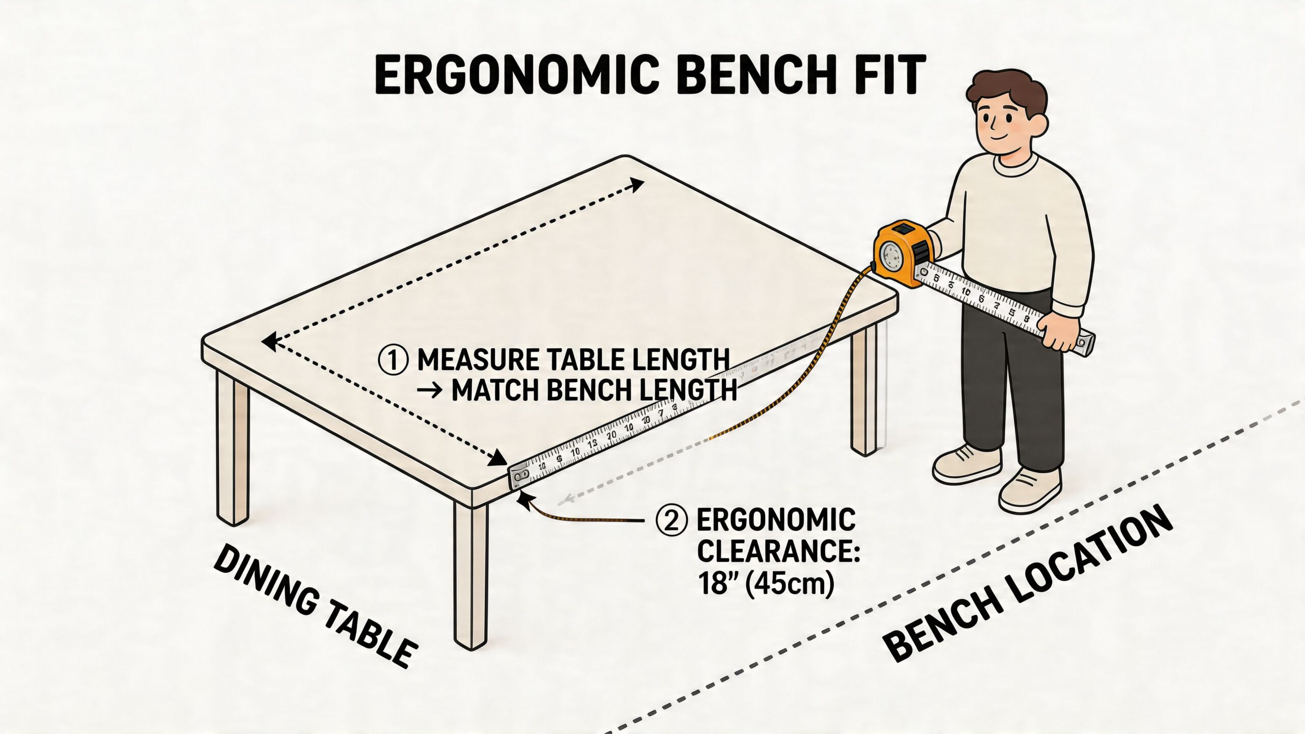 A guide illustrating how to measure for a dining bench, showing table length and ergonomic clearance requirements.