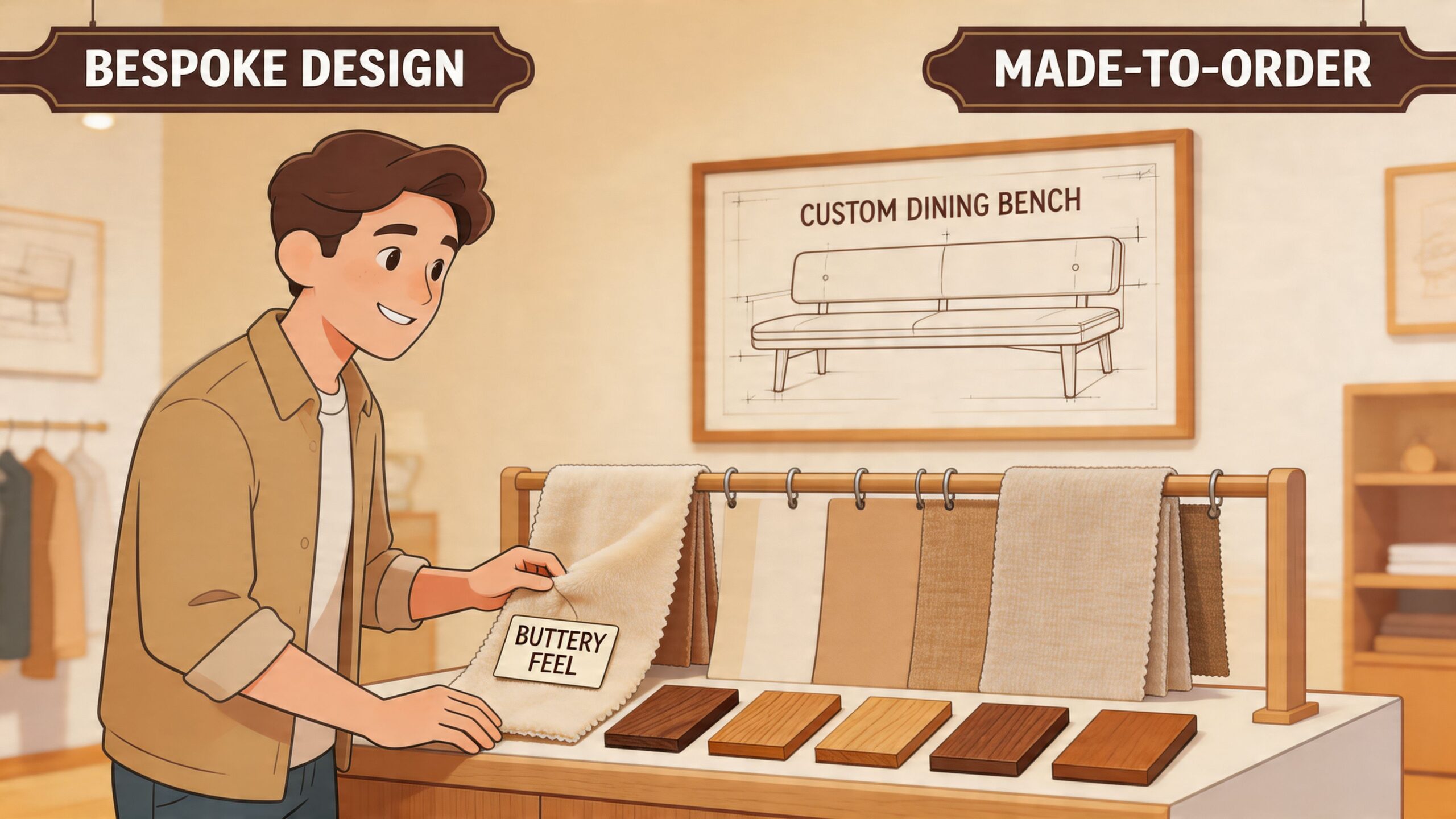 A young man choosing fabric samples for a custom dining bench design in a furniture store.