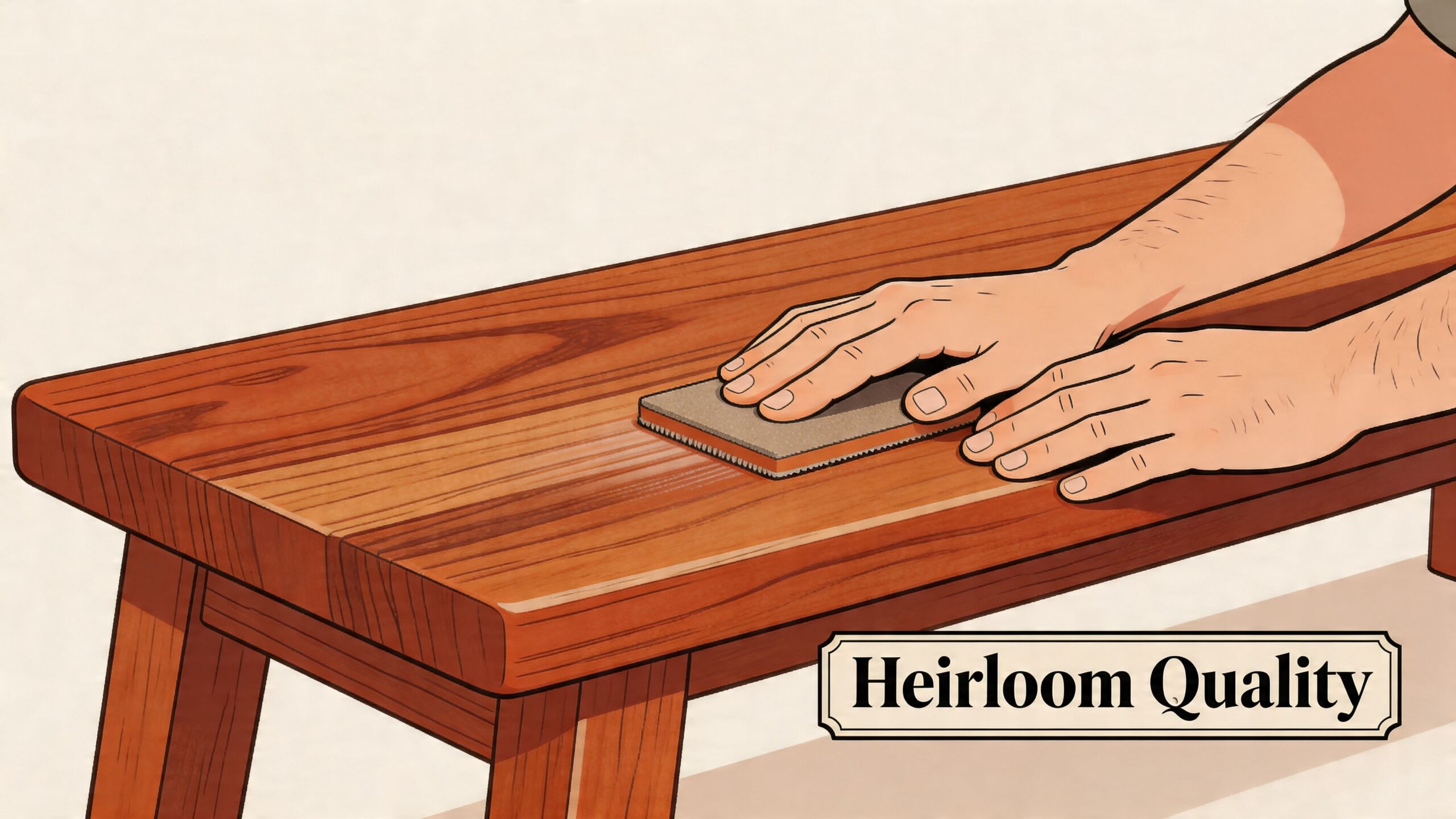 A craftsman hand sands the smooth wooden surface of a dining bench with a sanding block.