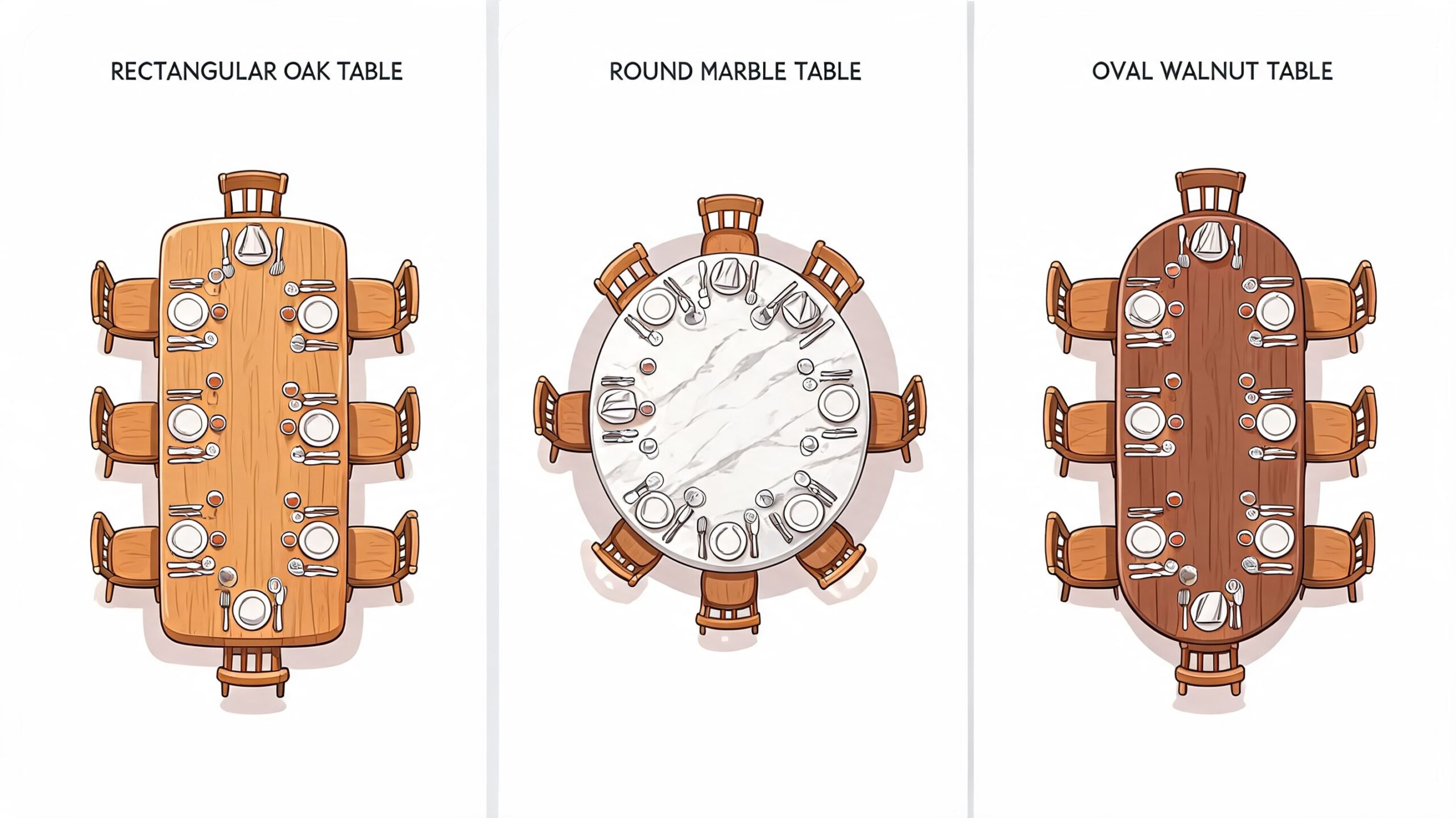 A top-down illustration comparing three different styles of dining room sets for six people.
