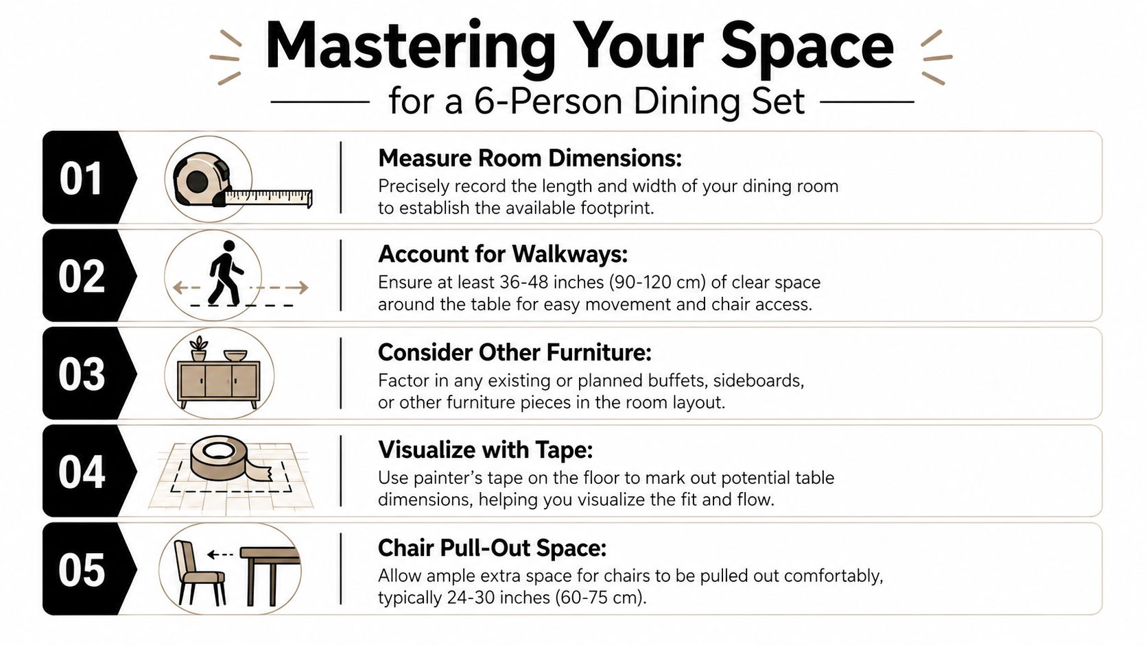 An infographic titled Mastering Your Space for a 6-Person Dining Set outlining five essential spatial planning steps.