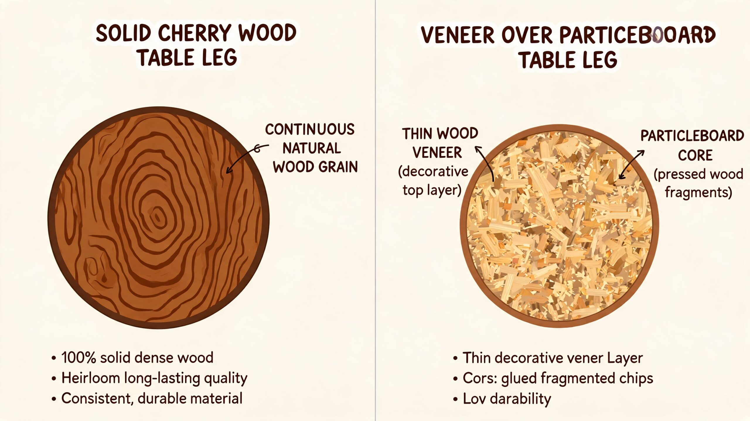 A comparison illustration showing the cross-section of a solid cherry wood table leg versus a particleboard leg.