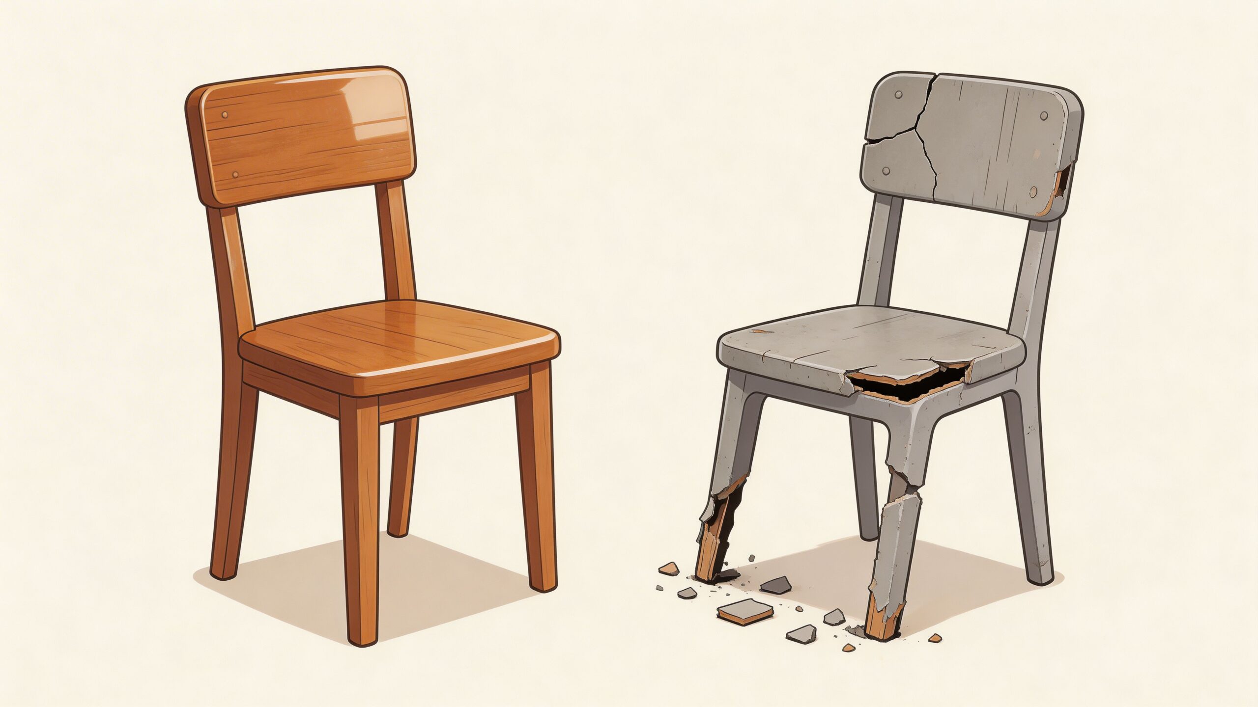 A split comparison image showing a new, polished wooden dining chair and a broken, dilapidated chair.