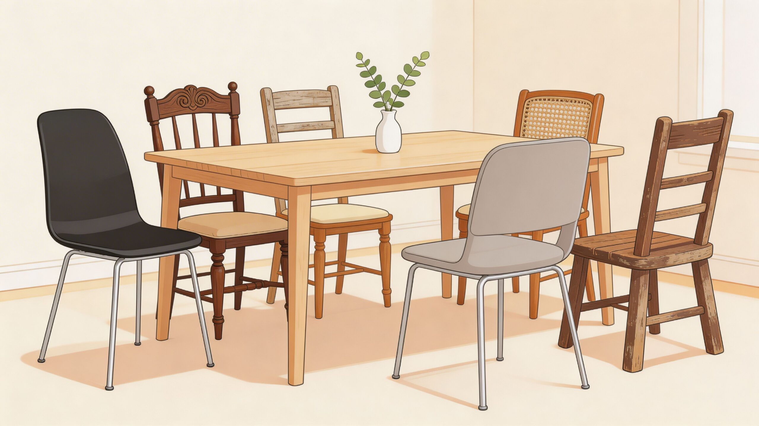 A wooden dining table surrounded by five eclectic chairs with different designs and materials in a room.