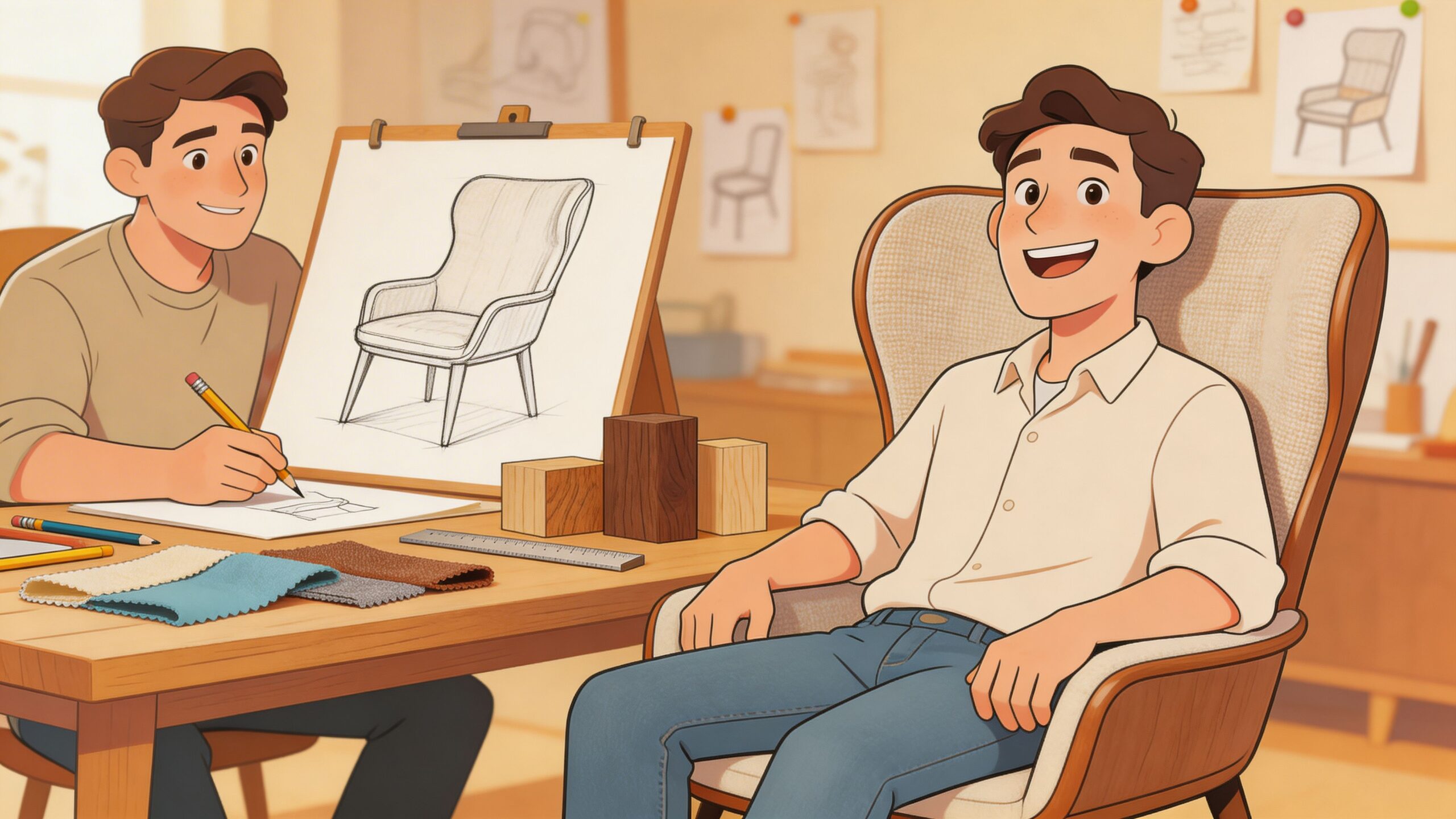 A young male furniture designer sketching a dining side chair while his colleague sits in a prototype chair.