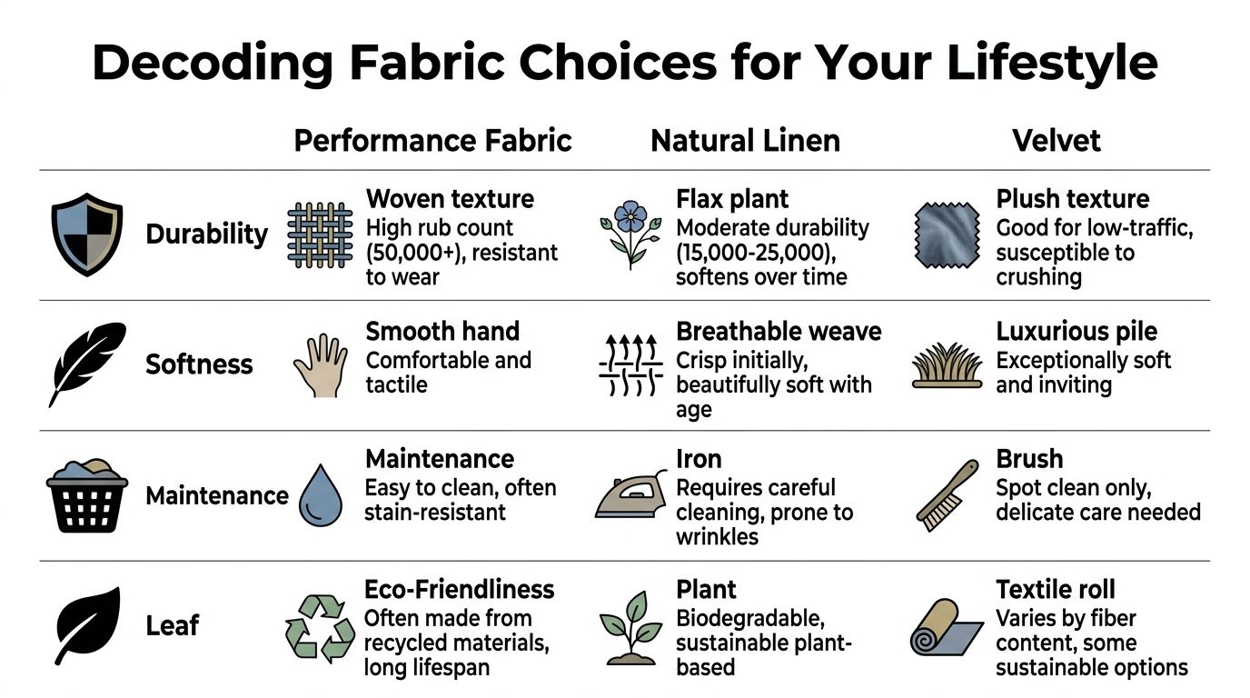 A comparison chart outlining the durability, softness, maintenance, and eco-friendliness of performance fabric, natural linen, and velvet.