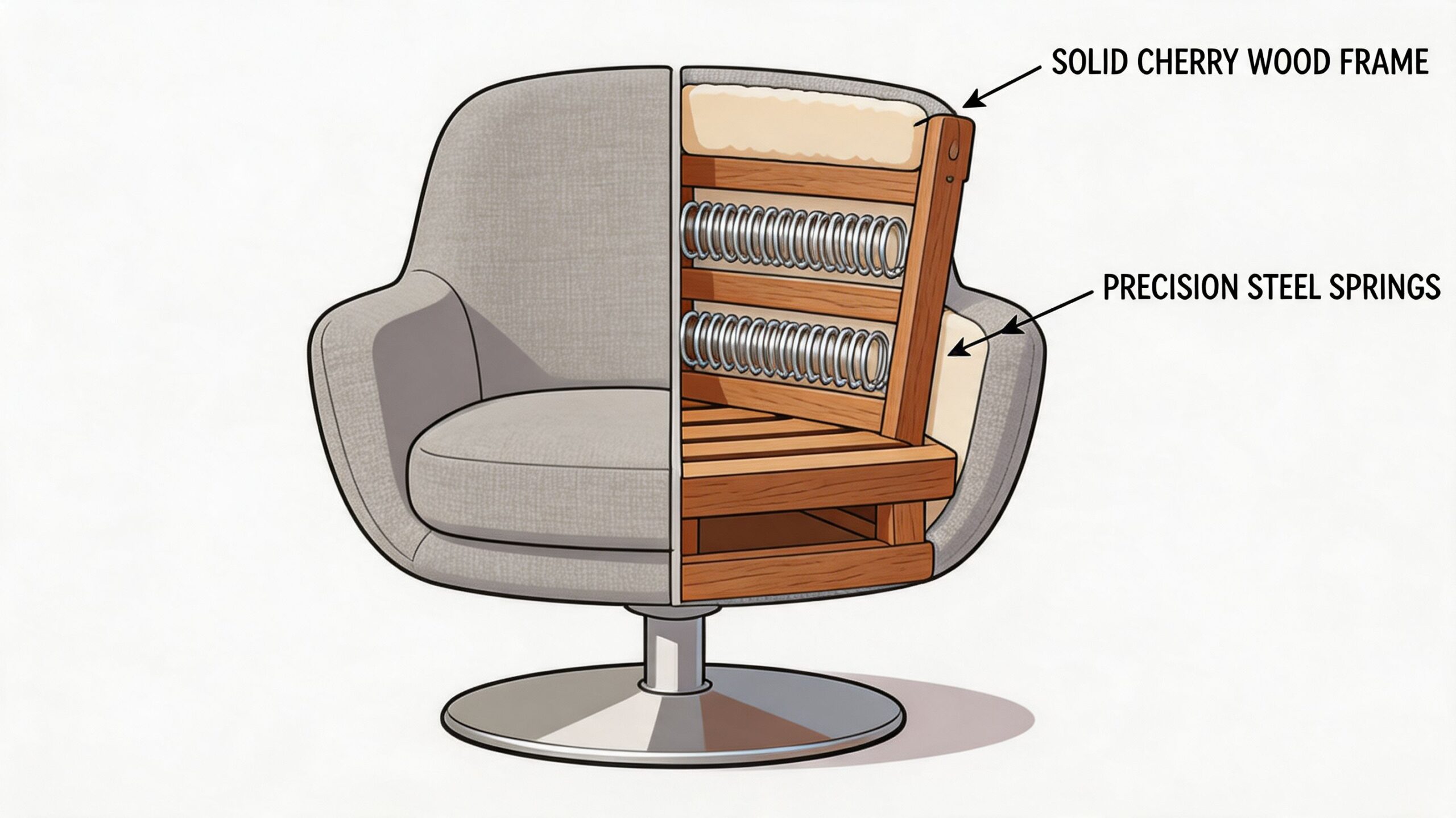 A cutaway illustration of a modern fabric swivel chair showcasing the solid cherry wood frame and steel springs.
