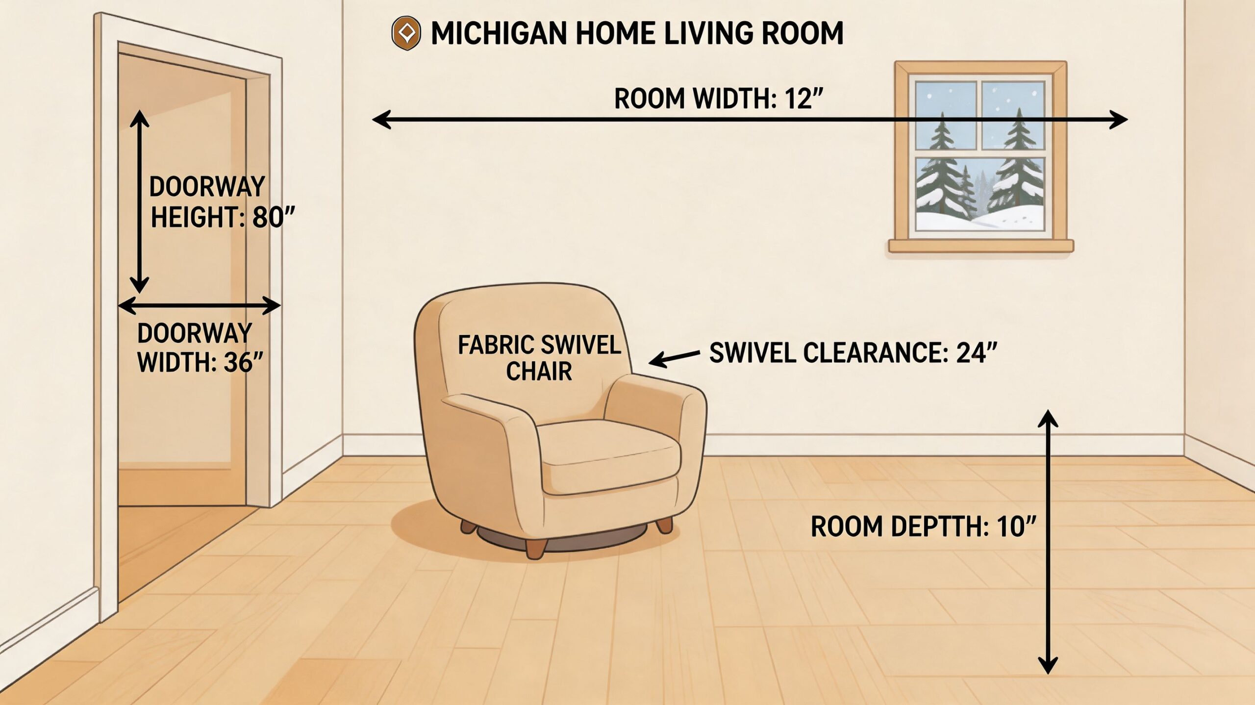 A diagram of a room featuring a fabric swivel chair with labels for dimensions and clearance.
