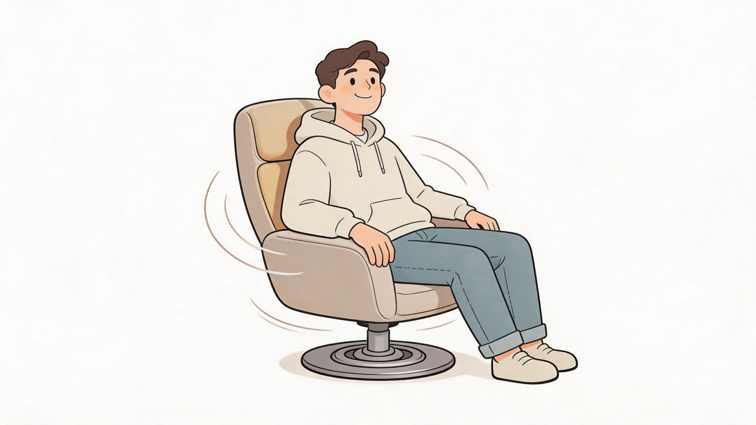 A happy young man sitting comfortably in a modern, light-colored fabric swivel chair on a white background.