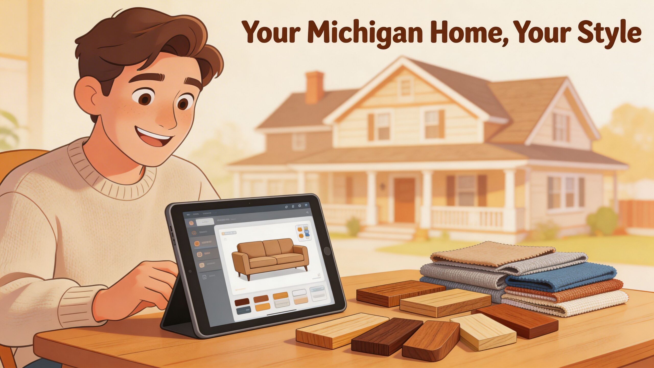 A young man uses a tablet to design custom furniture while examining wood and fabric material samples.