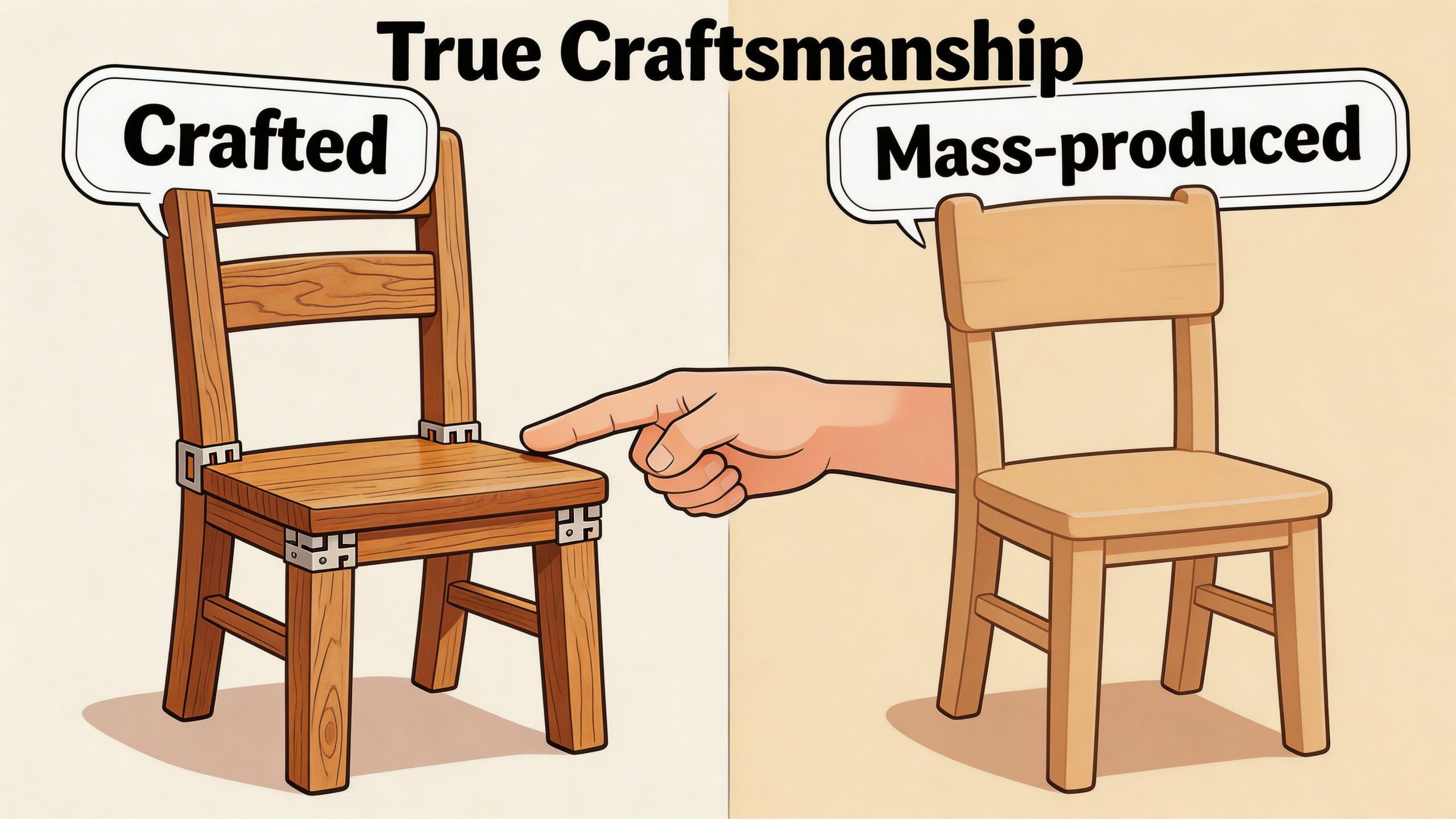 A comparison between a rustic handcrafted wooden chair and a plain mass-produced chair with a hand pointing.