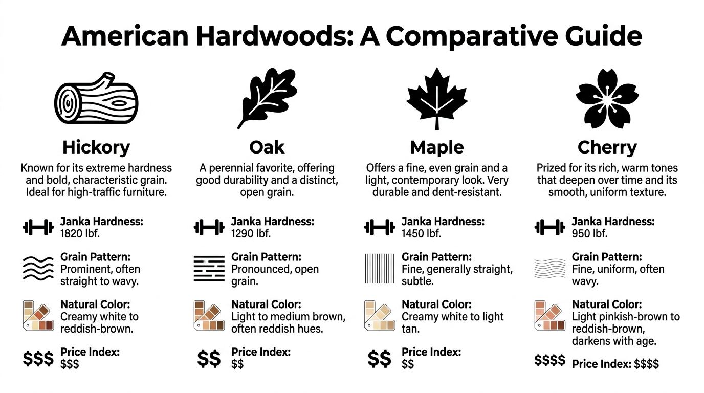A comparative guide infographic detailing the properties of four American hardwoods: Hickory, Oak, Maple, and Cherry.