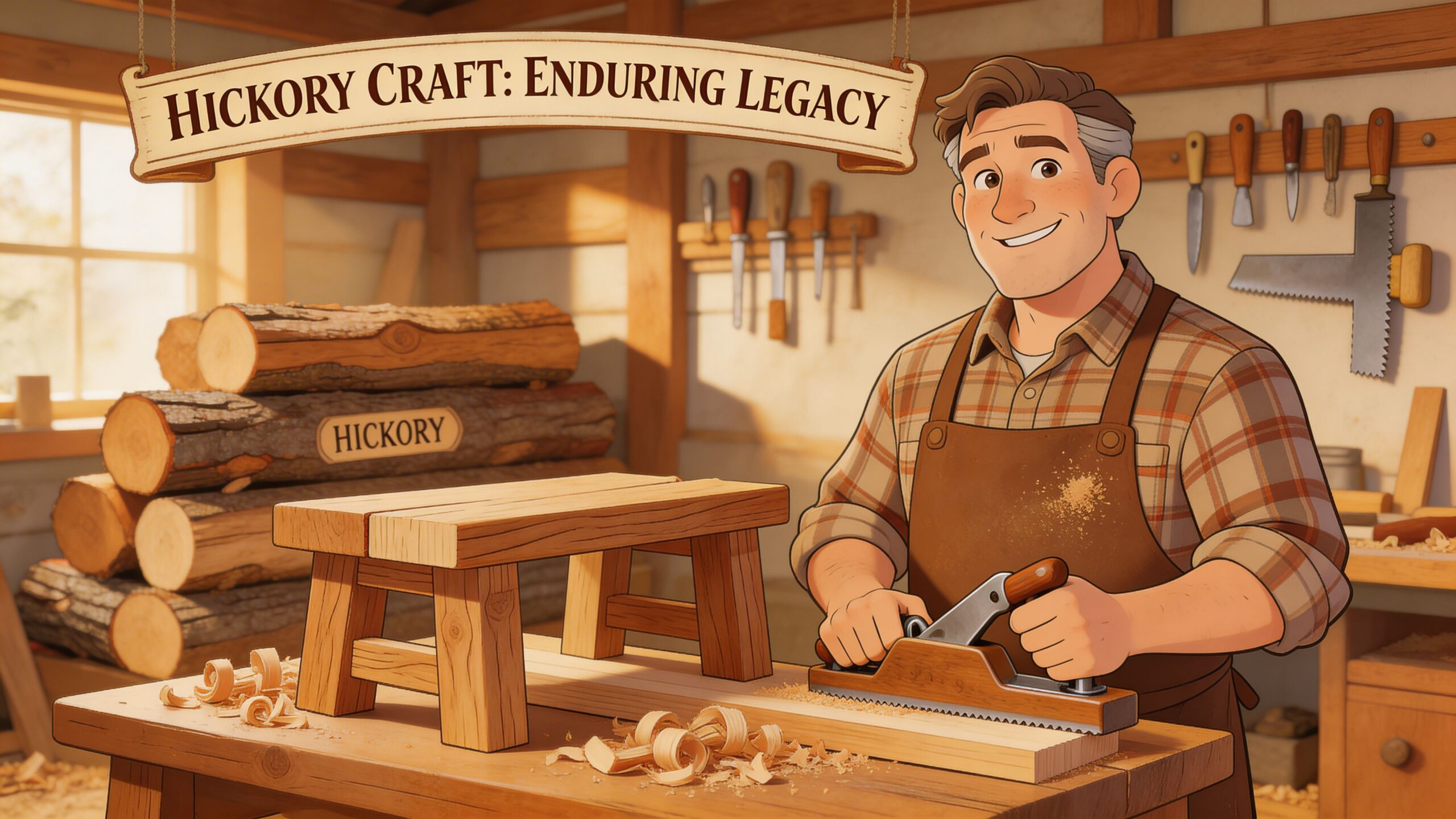 A friendly woodworker in a workshop planing a piece of hickory wood for a small stool.