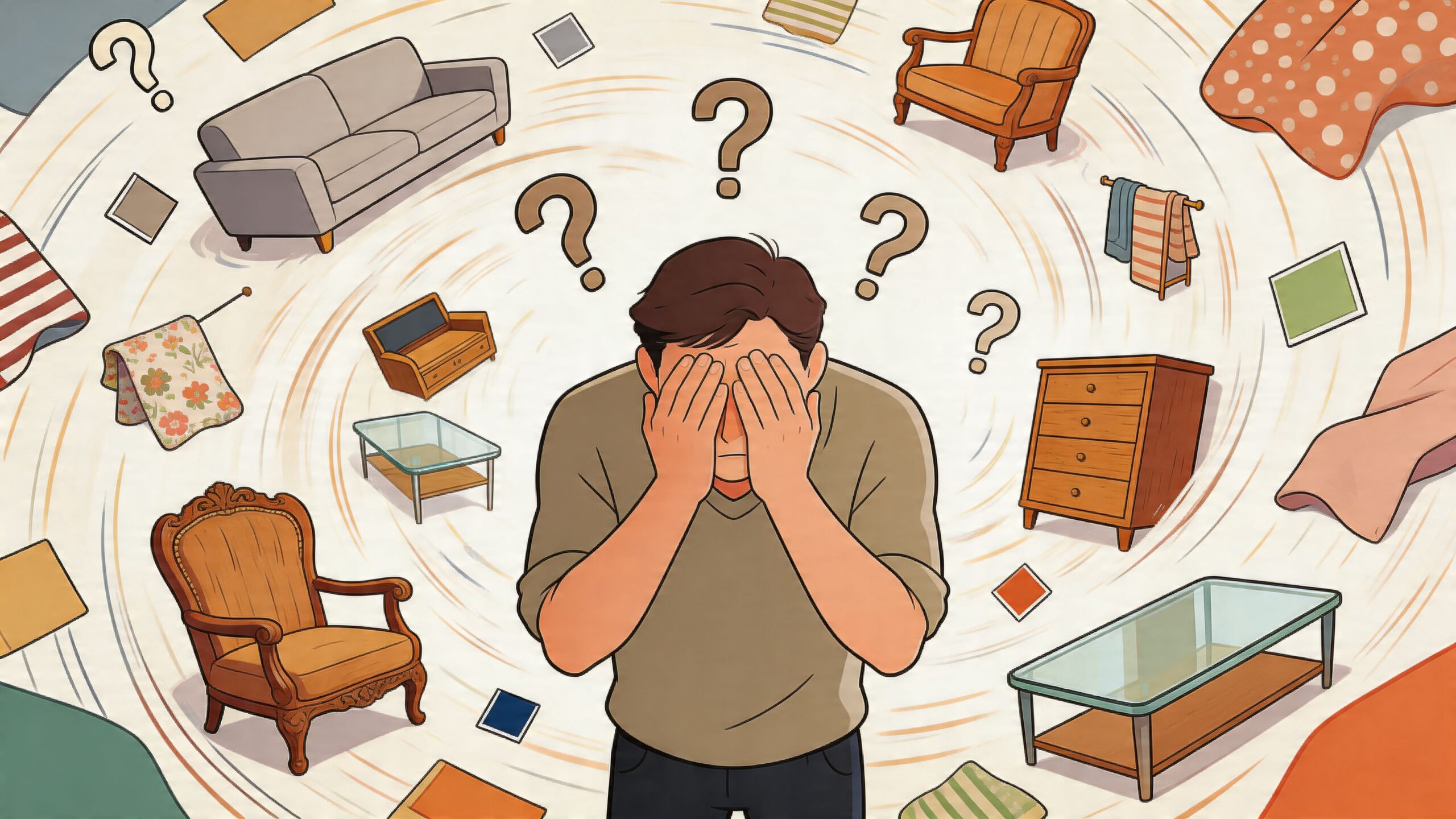 A stressed man covering his face surrounded by various furniture items and floating question marks.