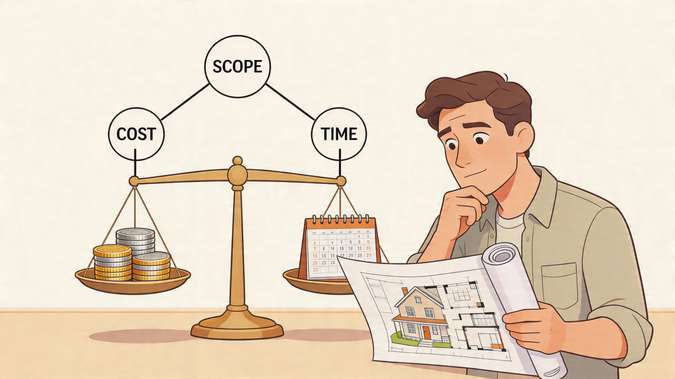 A man looks at house blueprints while considering the project management triangle of scope, cost, and time.