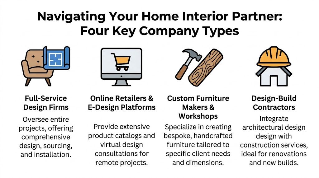 An infographic categorizing home interior services into full-service design firms, online retailers, custom furniture makers, and design-build contractors.