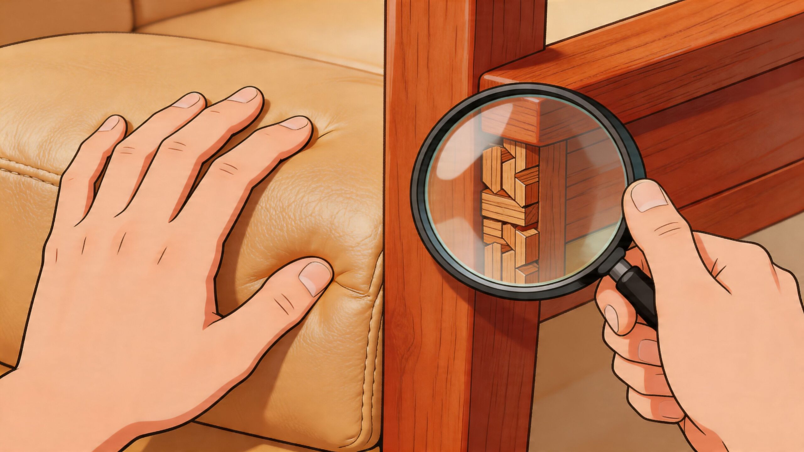 A close-up illustration of a hand examining intricate wood joinery on furniture with a magnifying glass.