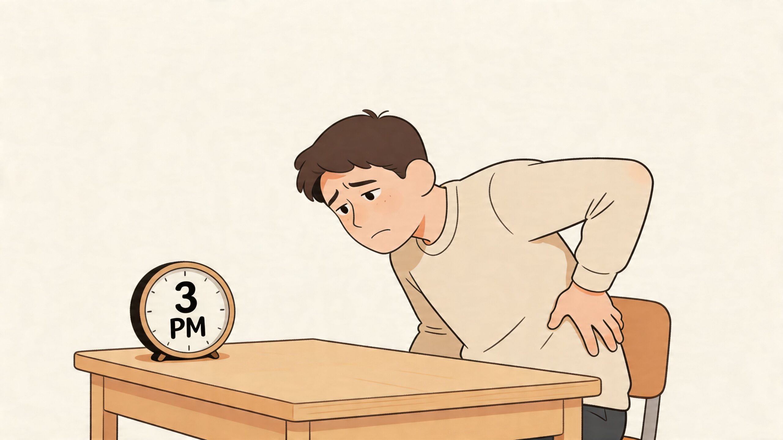 A man in pain clutching his lower back while sitting at a desk with a clock showing 3 PM.